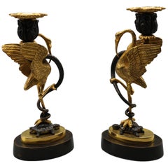 Mid-19th Century Bronze and Ormolu Candlesticks Held by Storks and Serpents