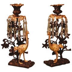 Mid-19th Century Bronze and Ormolu Lustre Candlesticks, with Well Cast Ostriches