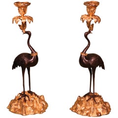 Antique Mid-19th Century Bronze and Ormolu Storks Candlesticks