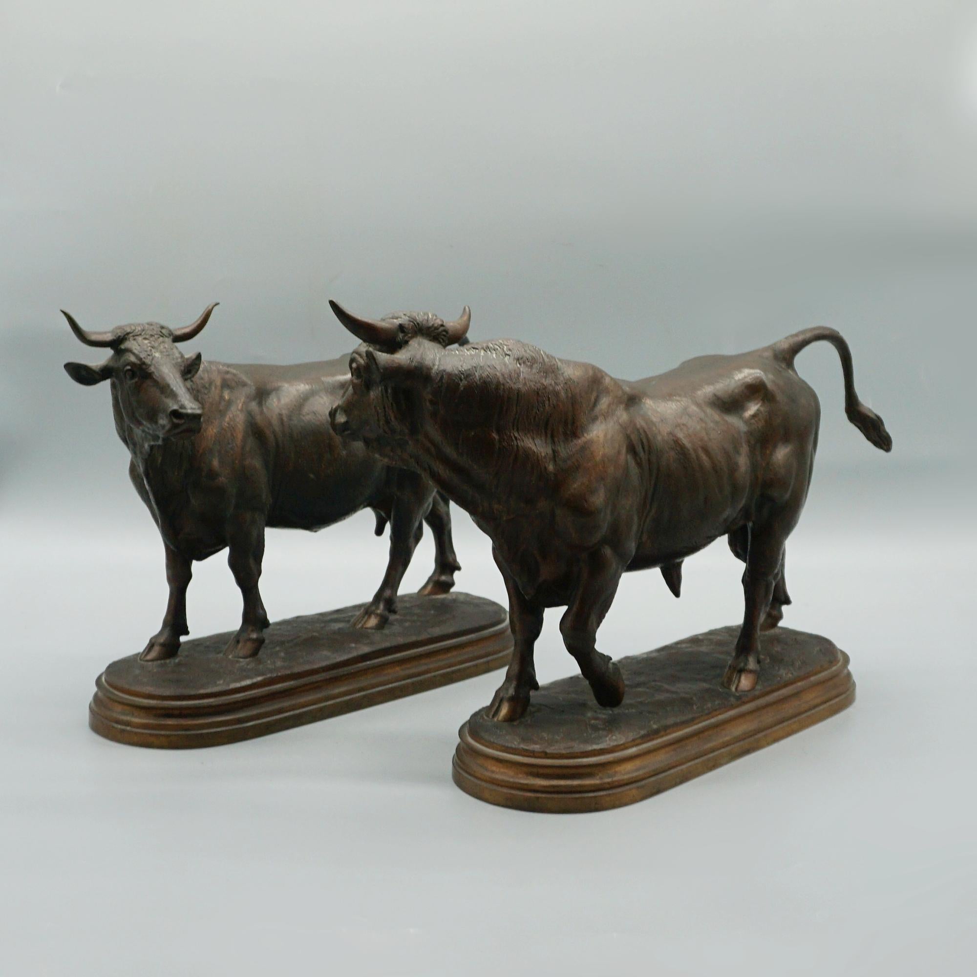 French Mid 19th Century Bronze Sculptures of a Bull and Cow by Isidore Bonheur C1865