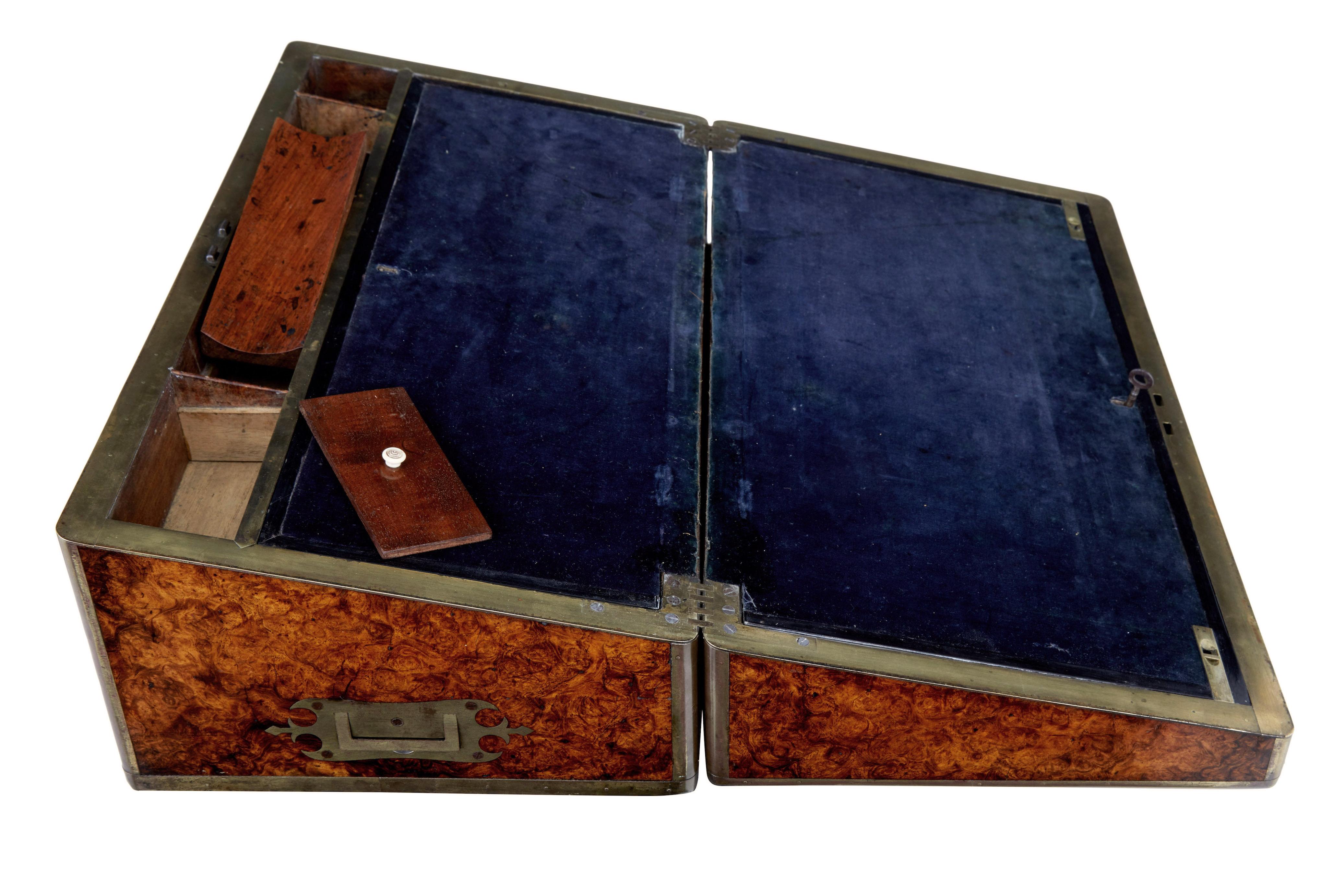 Hand-Crafted Mid 19th century burr campaign lap writing desk For Sale