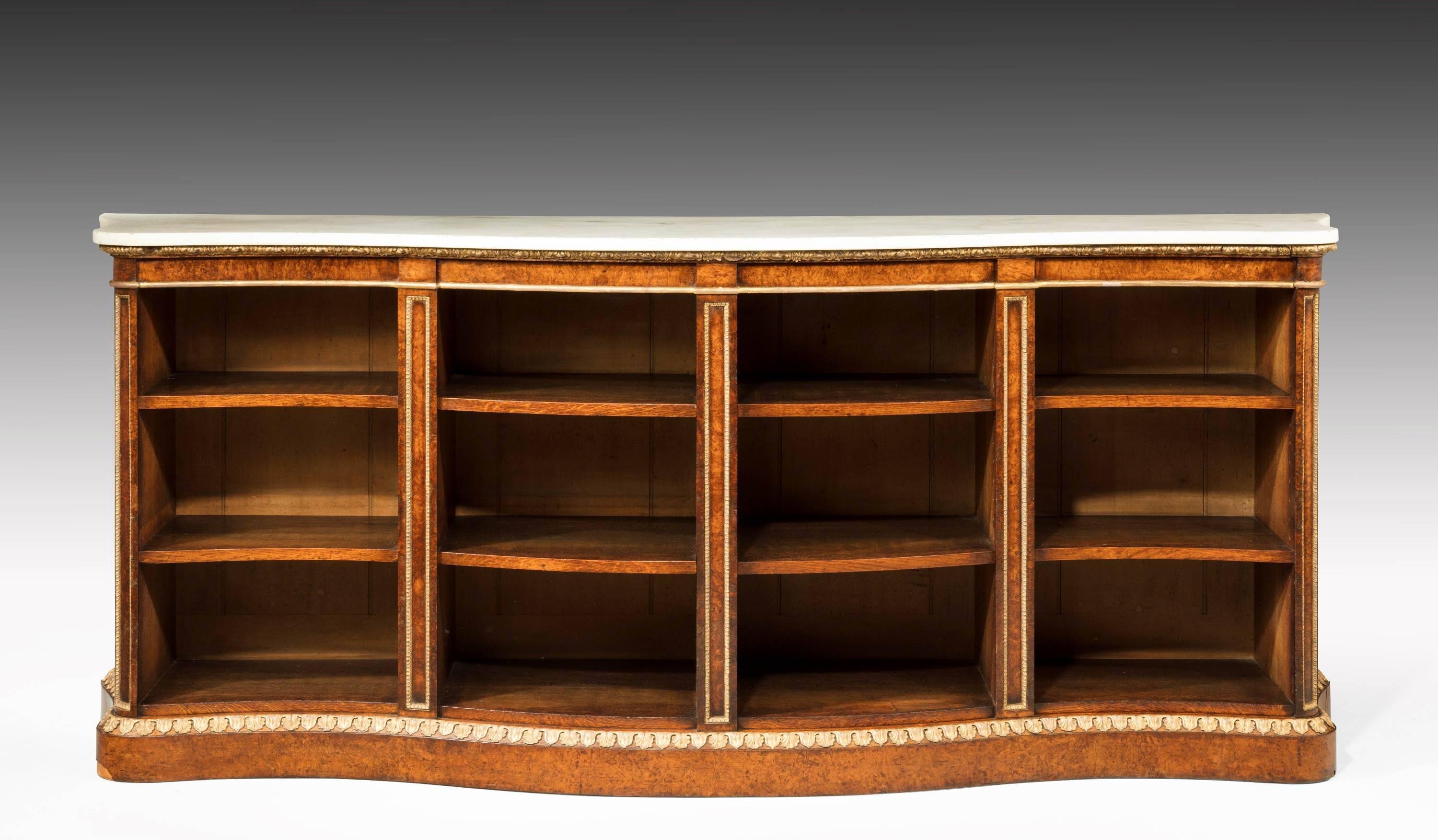 English Mid-19th Century Burr Oak Open Bookcase of Serpentine Form