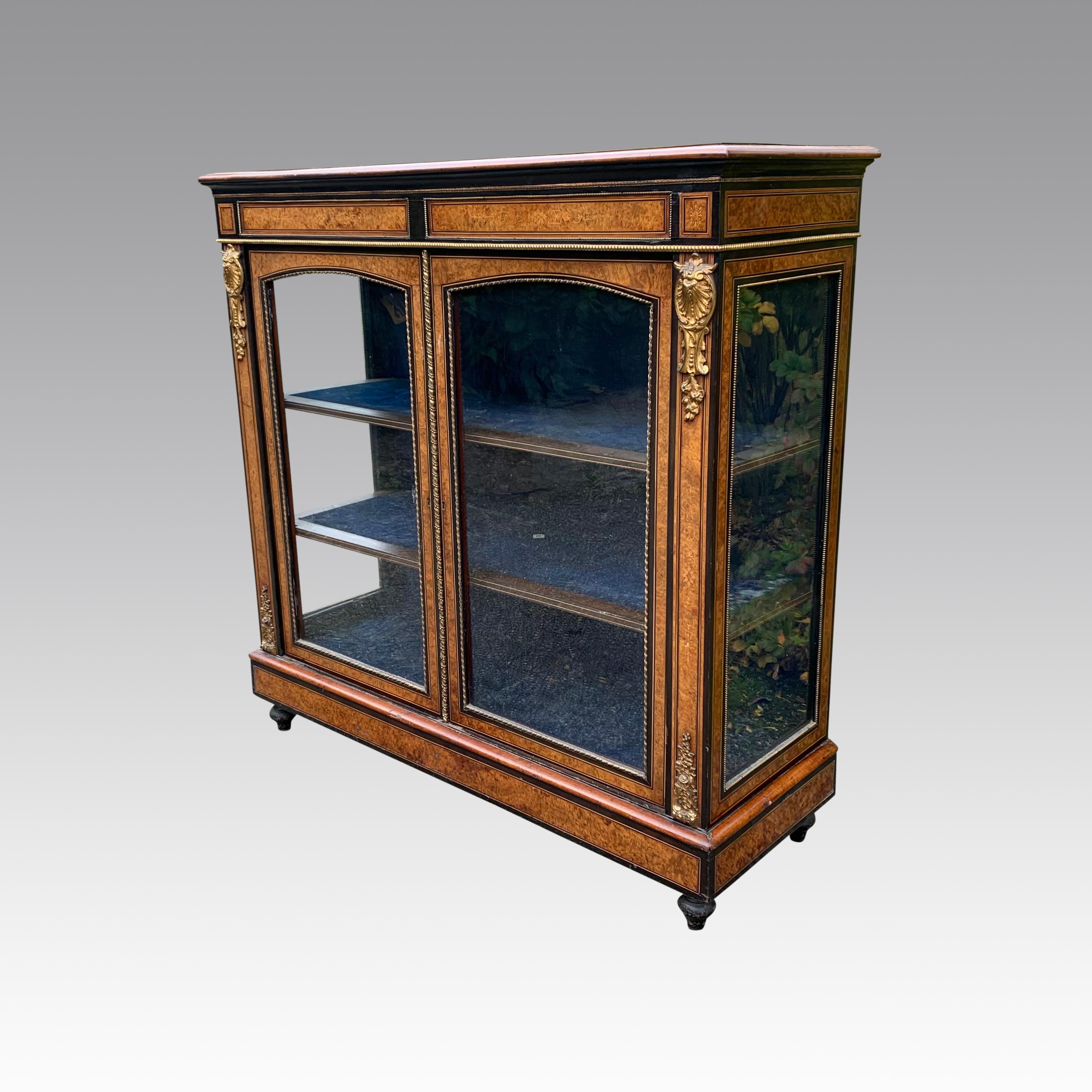 Victorian Mid 19th Century Burr Walnut Inlaid Display Cabinet/credenza