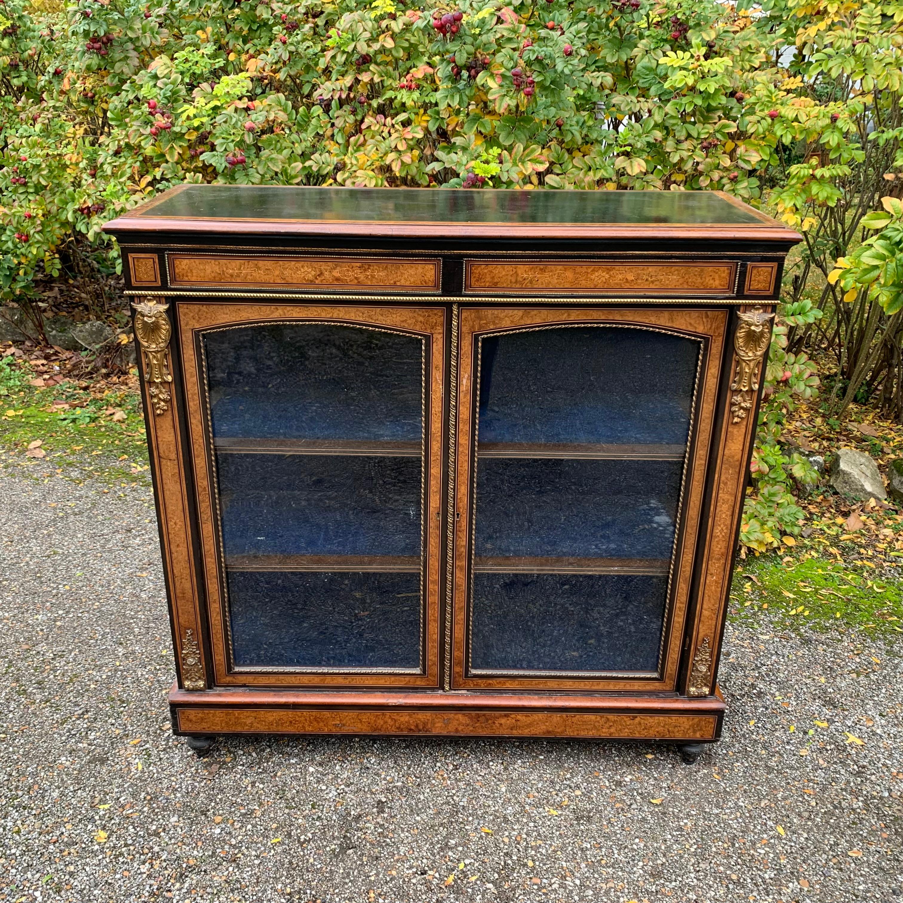 Veneer Mid 19th Century Burr Walnut Inlaid Display Cabinet/credenza