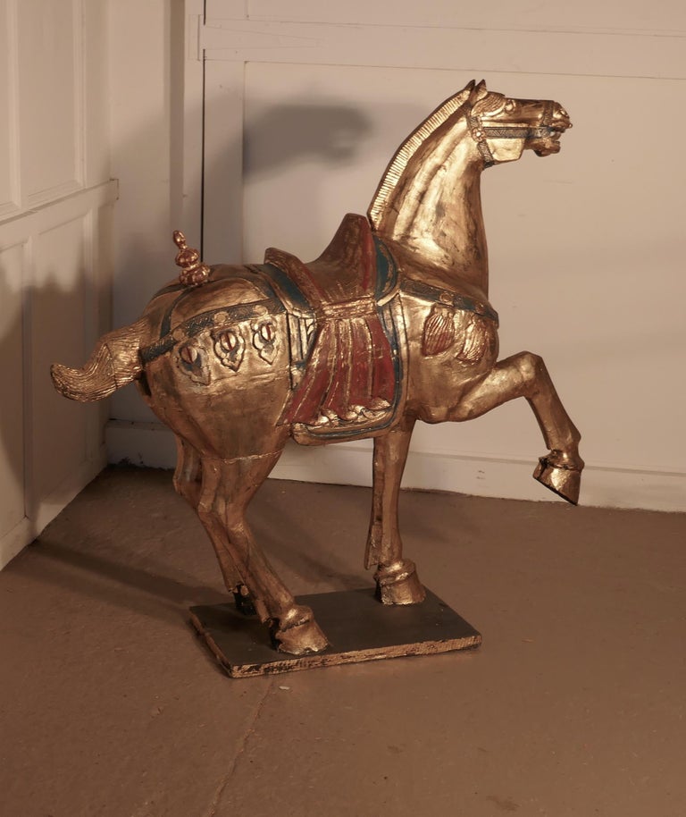 Mid19th Century Carved and Painted Wooden Tang Dynasty Horse For Sale