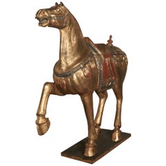 Cheval en bois sculpté et peint de la Dynasty Tang, milieu du 19e siècle