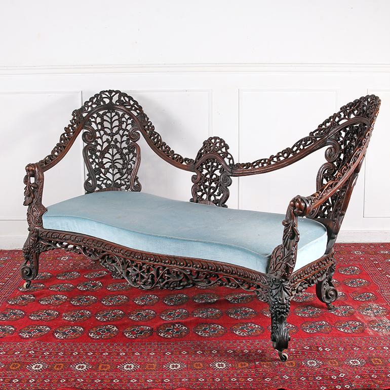 Victorian Mid 19th Century Carved Anglo Indian Settee For Sale