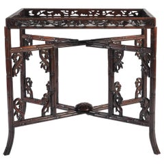 Mid-19th Century Carved Chinese Export Tray Table on Folding Stand of Huanghuali