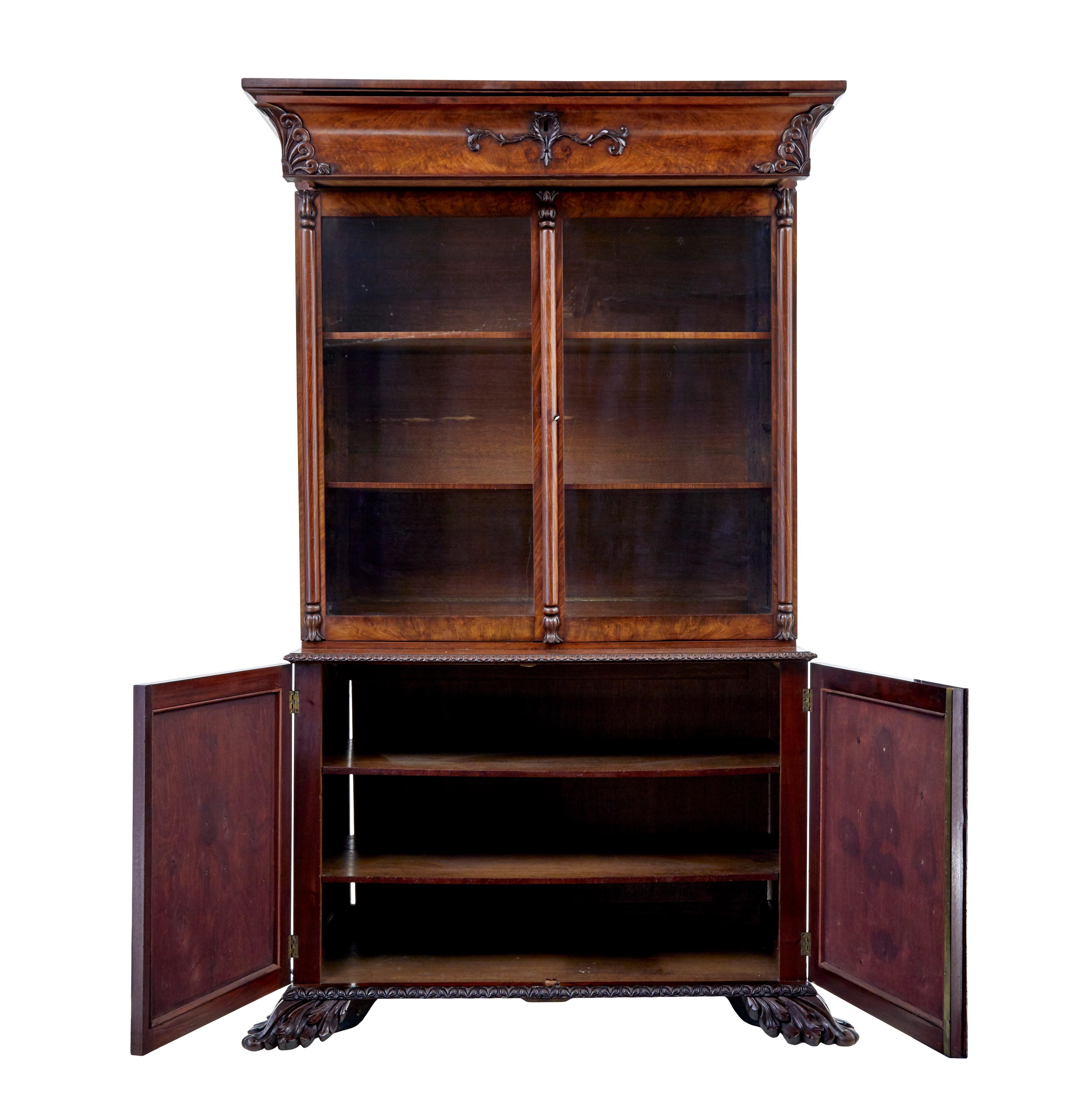 Hand-Carved Mid 19th century carved mahogany Danish bookcase For Sale