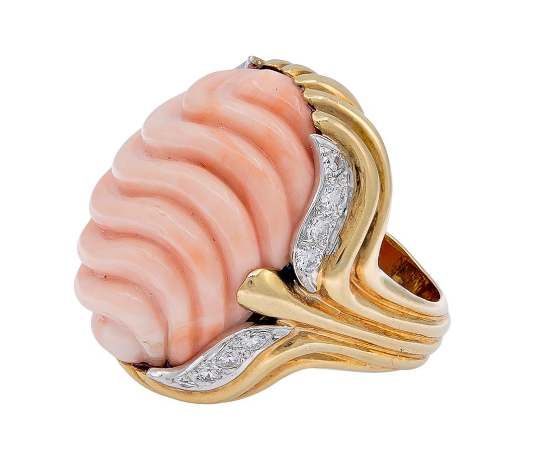 Retro Mid-19th Century Carved Pink Coral & Diamond 2-Tone Cocktail Ring For Sale