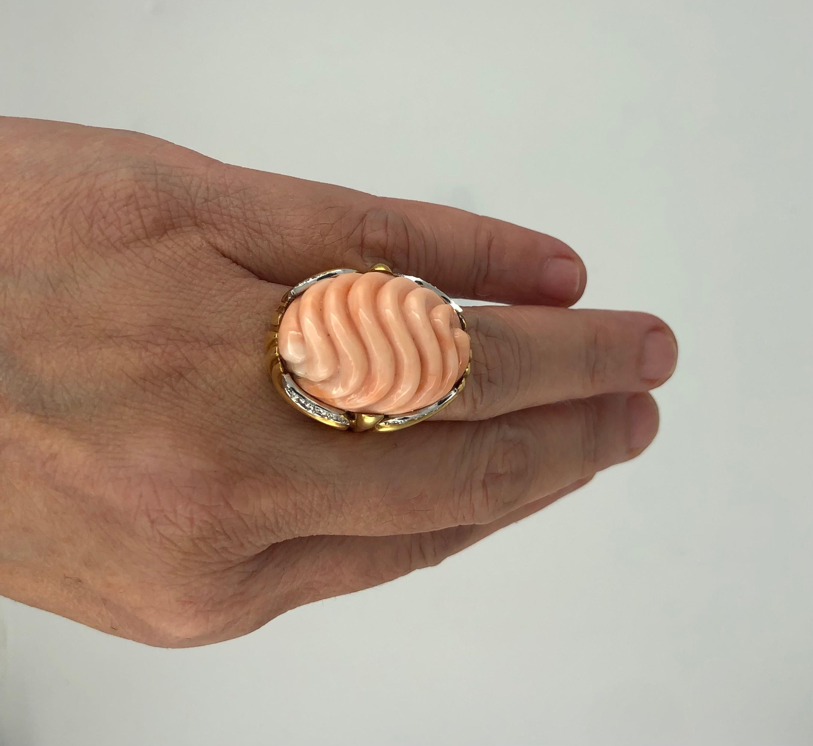 Mid-19th Century Carved Pink Coral & Diamond 2-Tone Cocktail Ring In Excellent Condition For Sale In New York, NY