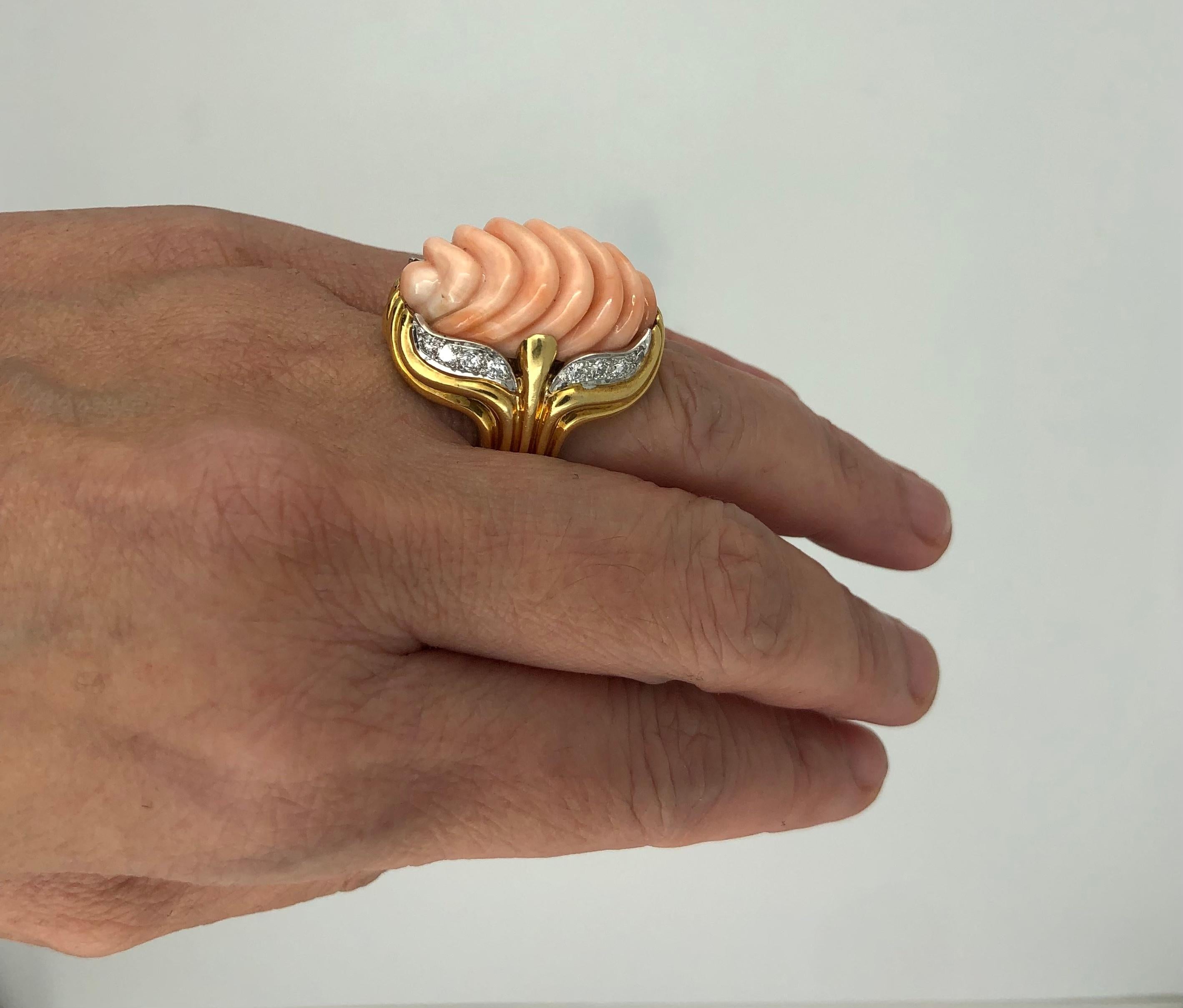Women's or Men's Mid-19th Century Carved Pink Coral & Diamond 2-Tone Cocktail Ring For Sale