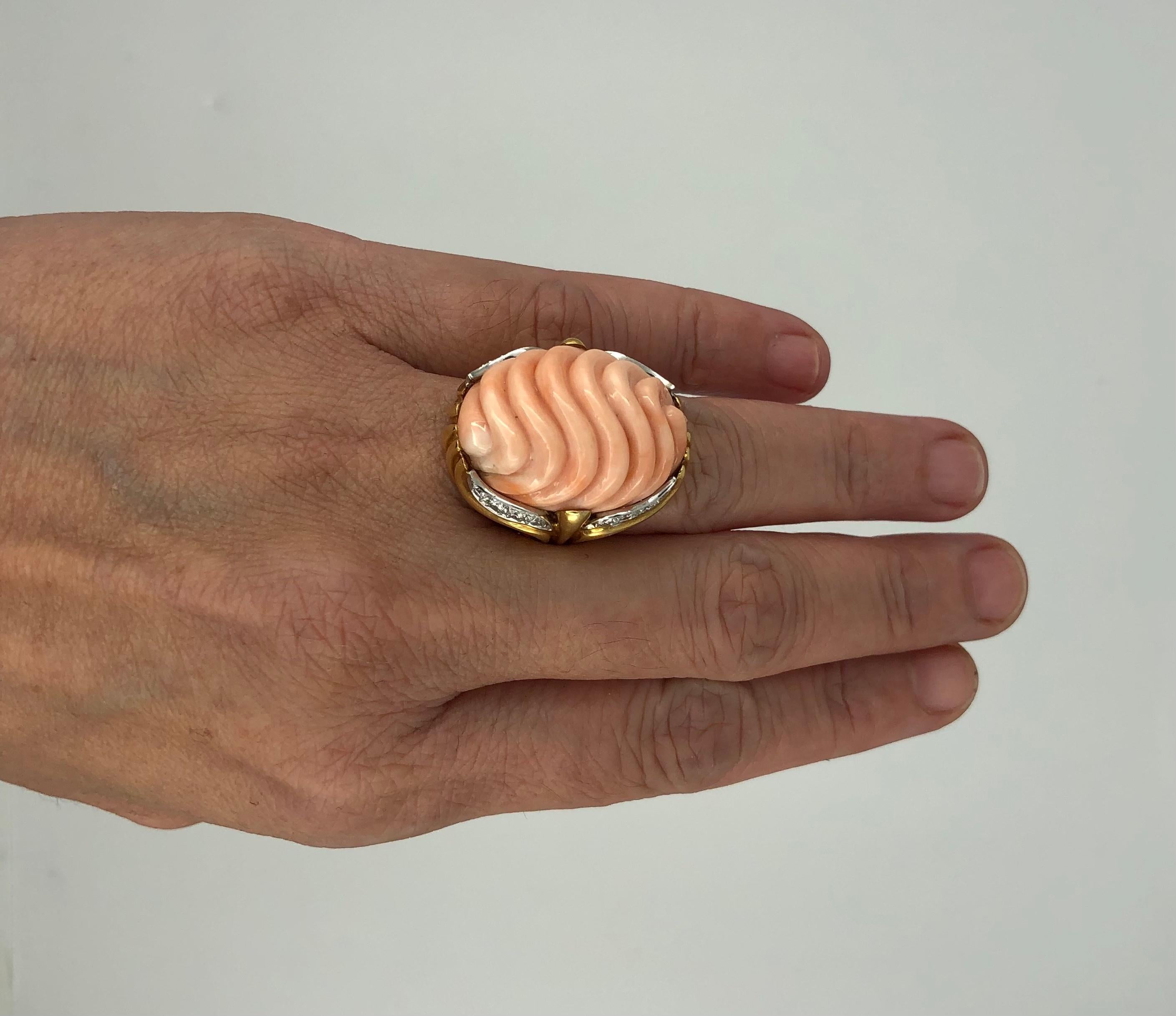 Mid-19th Century Carved Pink Coral & Diamond 2-Tone Cocktail Ring For Sale 1