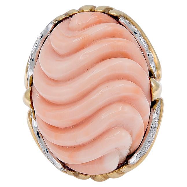 Mid-19th Century Carved Pink Coral & Diamond 2-Tone Cocktail Ring