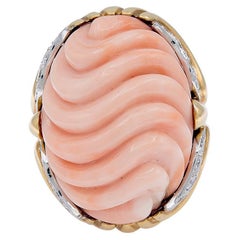 Mid-19th Century Carved Pink Coral & Diamond 2-Tone Cocktail Ring