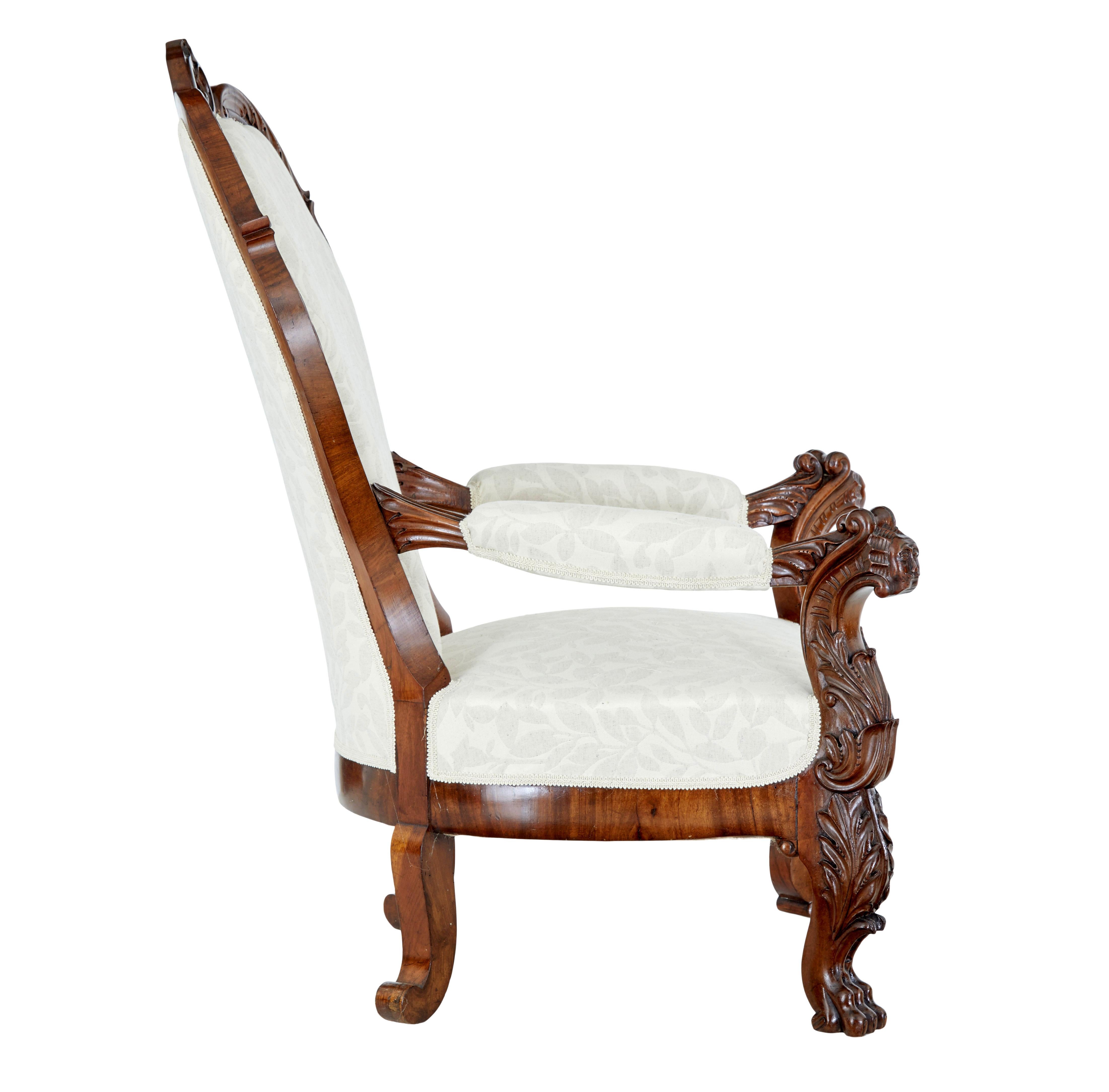 High Victorian Mid 19th century carved walnut armchair For Sale