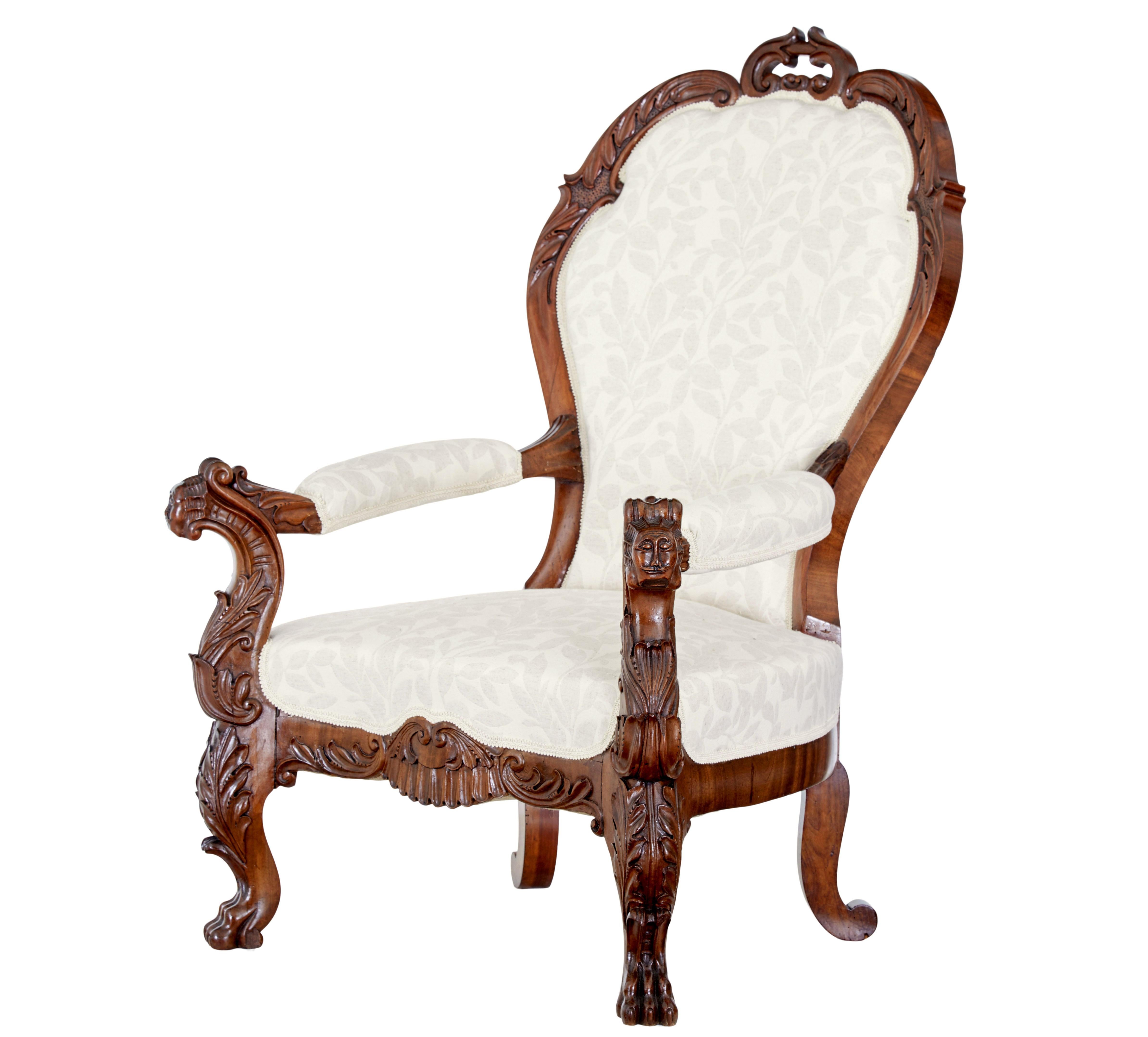Carved Mid 19th century carved walnut armchair For Sale