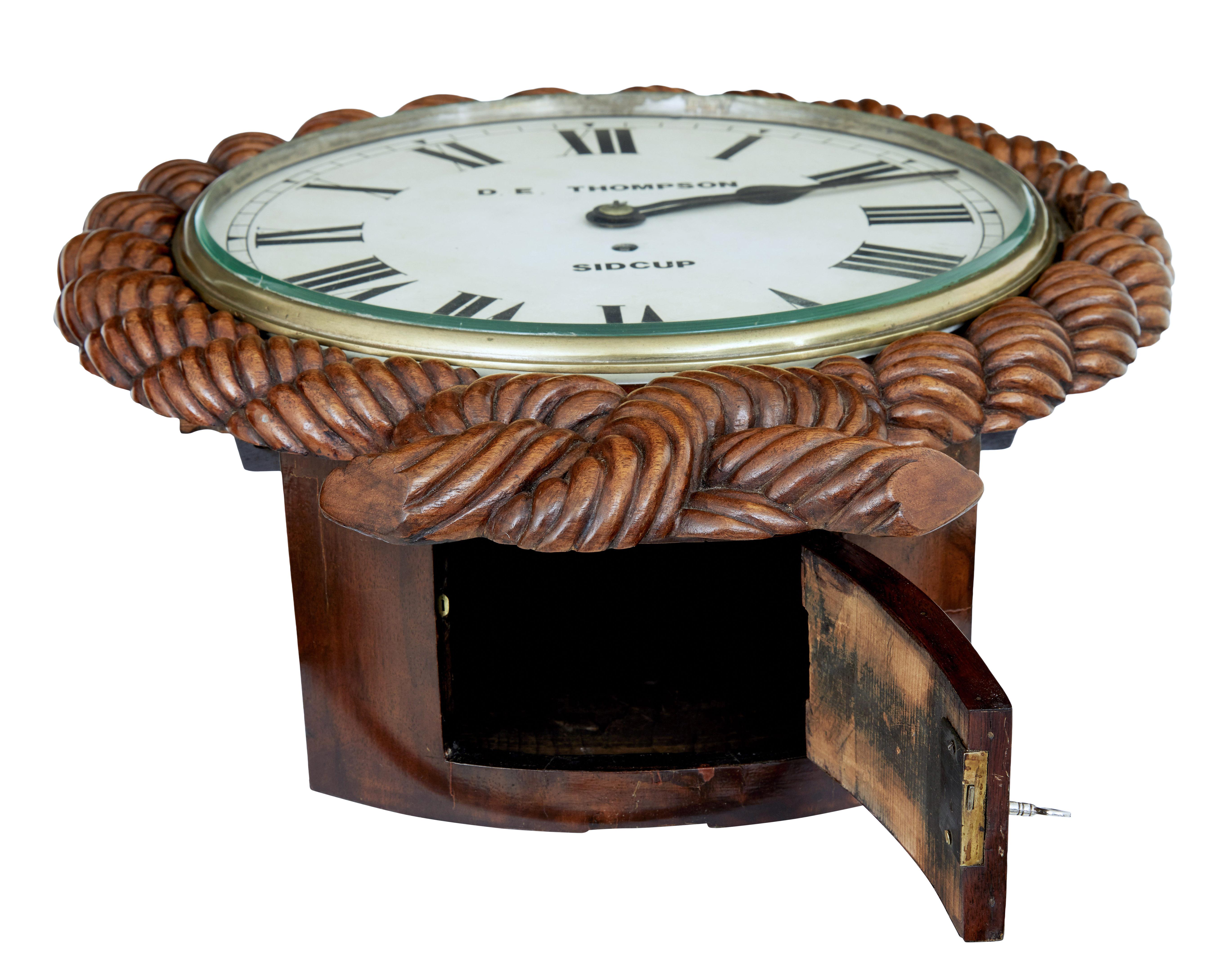 English Mid-19th Century Carved Walnut Wall Clock by D.E.Thompson of Sidcup