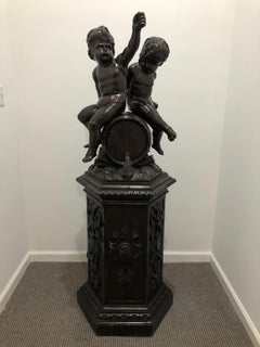 Mid 19th Century Carved Wood Cherubs Sitting on a Barrel of Wine with Pedestal