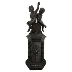 Mid 19th Century Carved Wood Cherubs Sitting on a Barrel of Wine with Pedestal