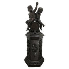 Mid 19th Century Carved Wood Cherubs Sitting on a Barrel of Wine with Pedestal