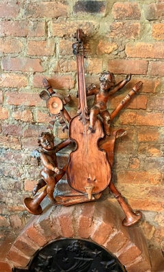 Mid-19th Century Carved Wood Musical Wall or Boiserie Violin Trophy with Cherubs