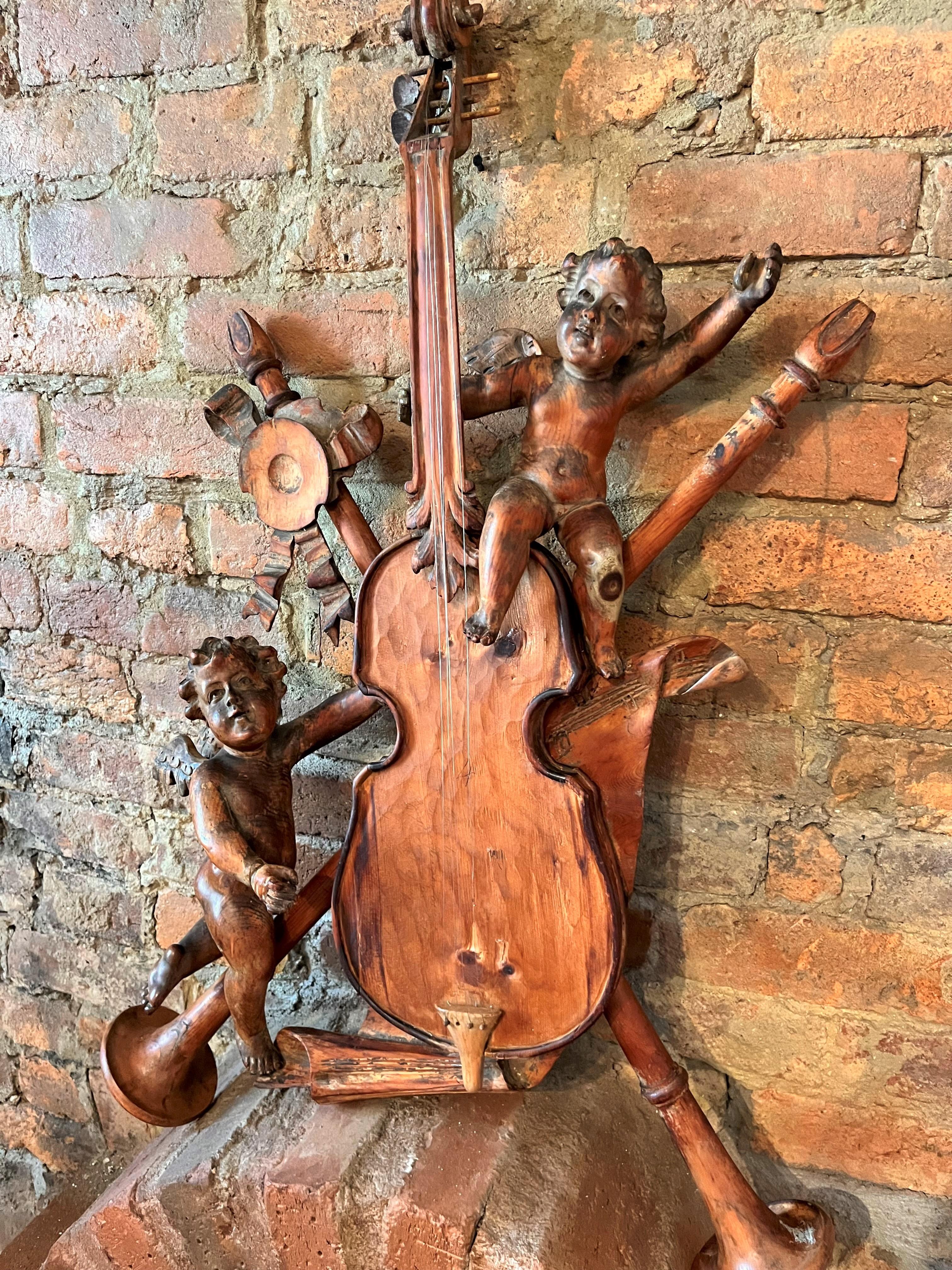 Louis XV Mid-19th Century Carved Wood Musical Wall or Boiserie Violin Trophy with Cherubs