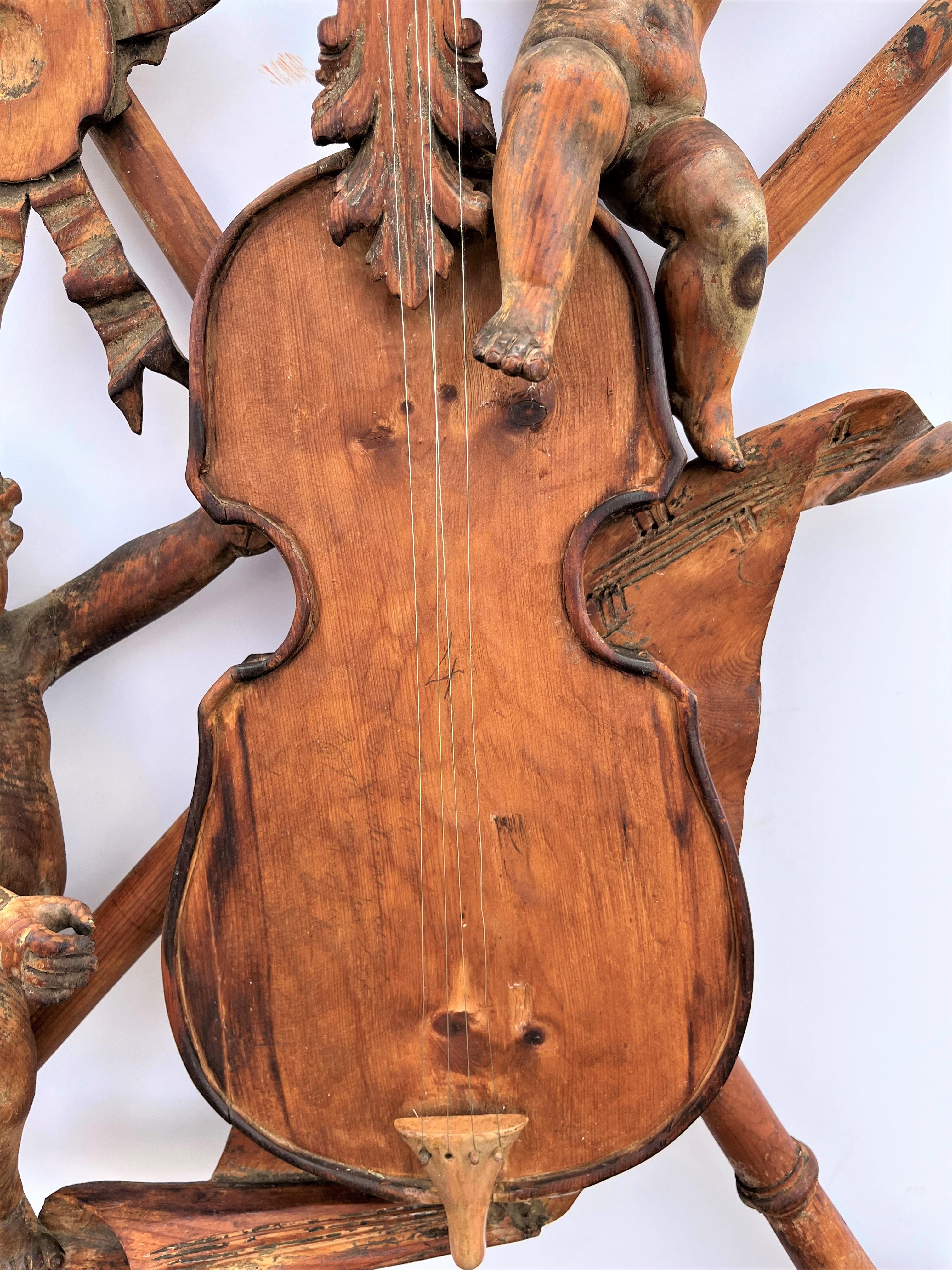 French Mid-19th Century Carved Wood Musical Wall or Boiserie Violin Trophy with Cherubs