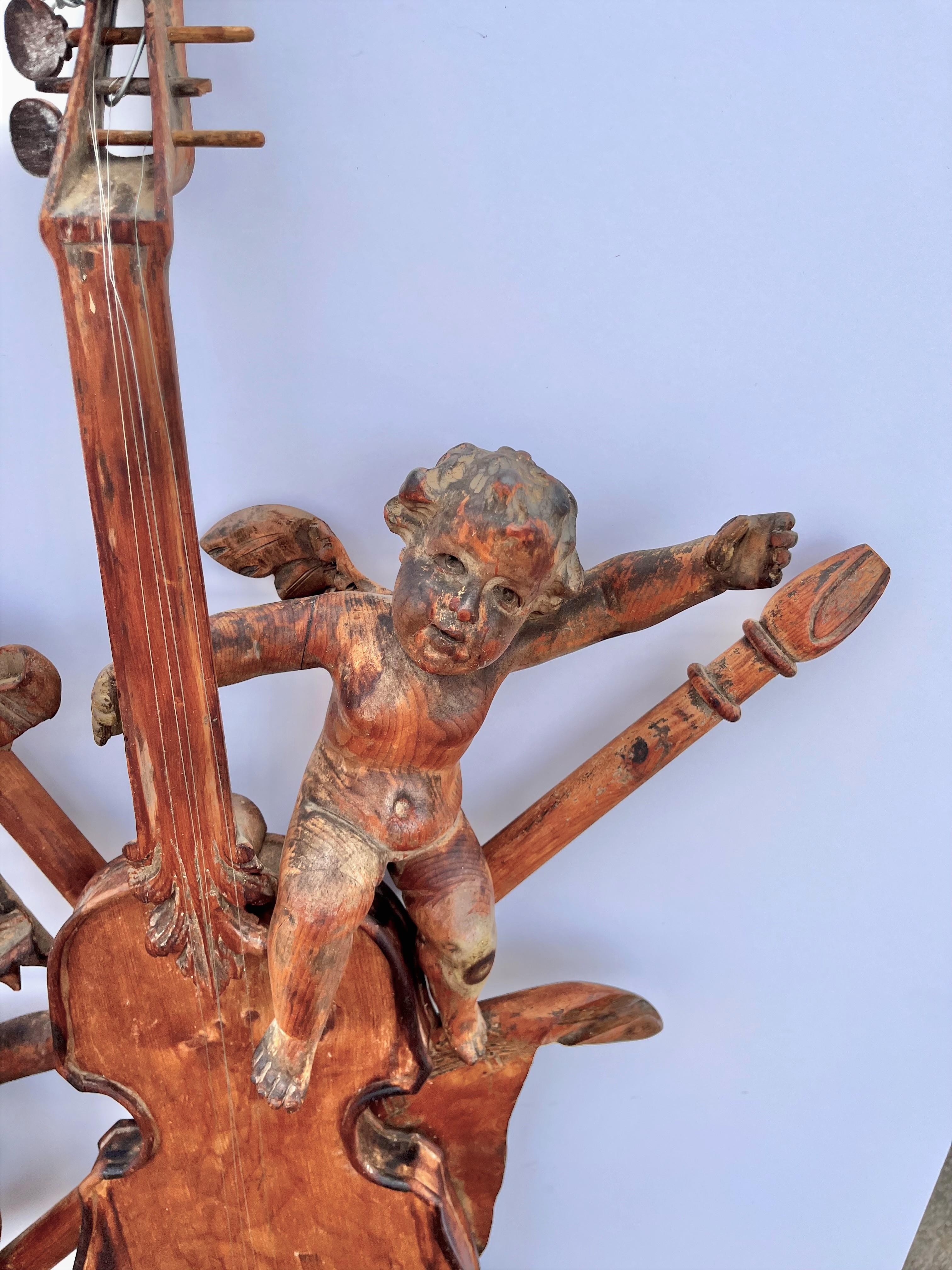 Mid-19th Century Carved Wood Musical Wall or Boiserie Violin Trophy with Cherubs In Distressed Condition In Nashville, TN