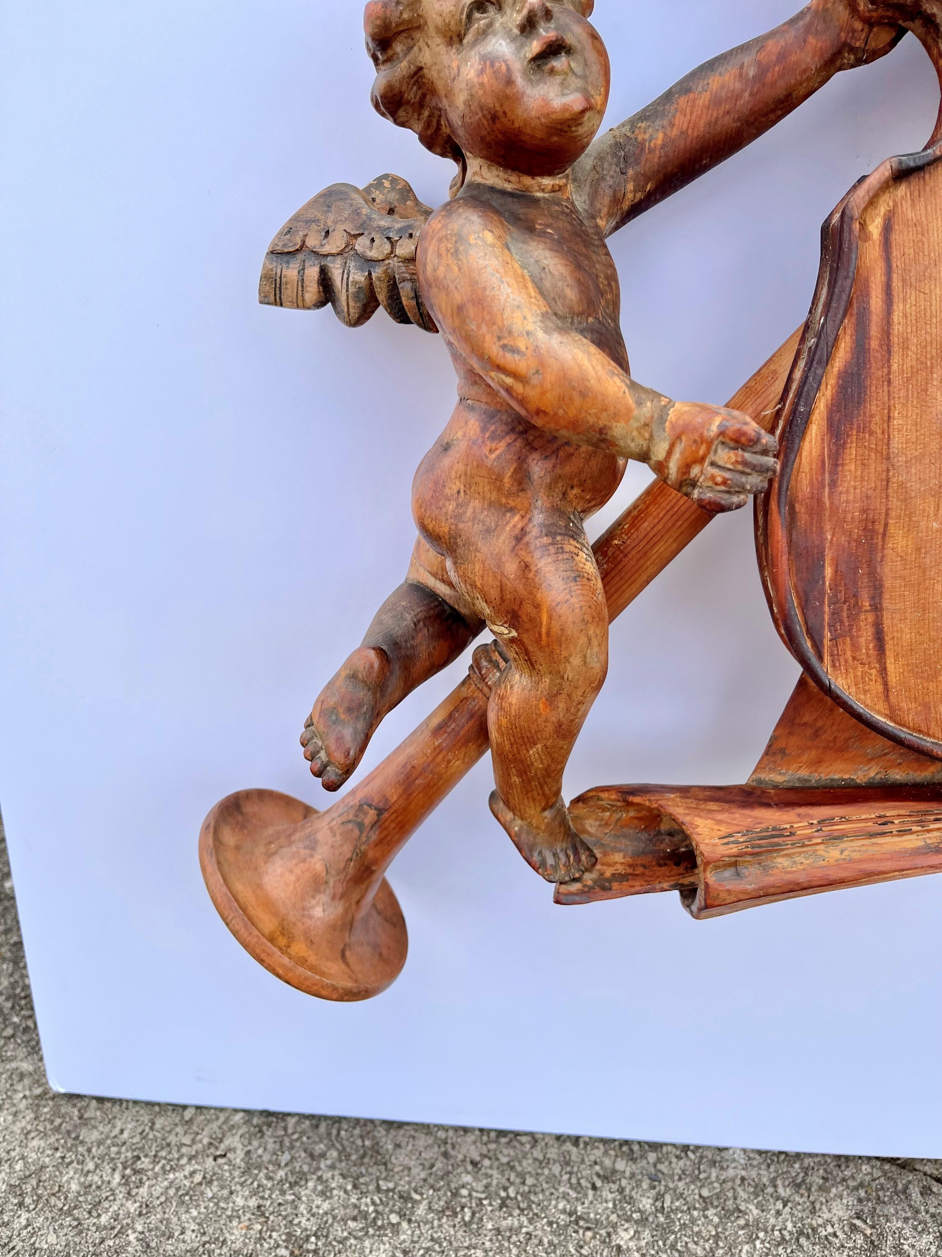 Mid-19th Century Carved Wood Musical Wall or Boiserie Violin Trophy with Cherubs 1