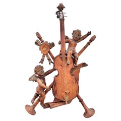 Mid-19th Century Carved Wood Musical Wall or Boiserie Violin Trophy with Cherubs