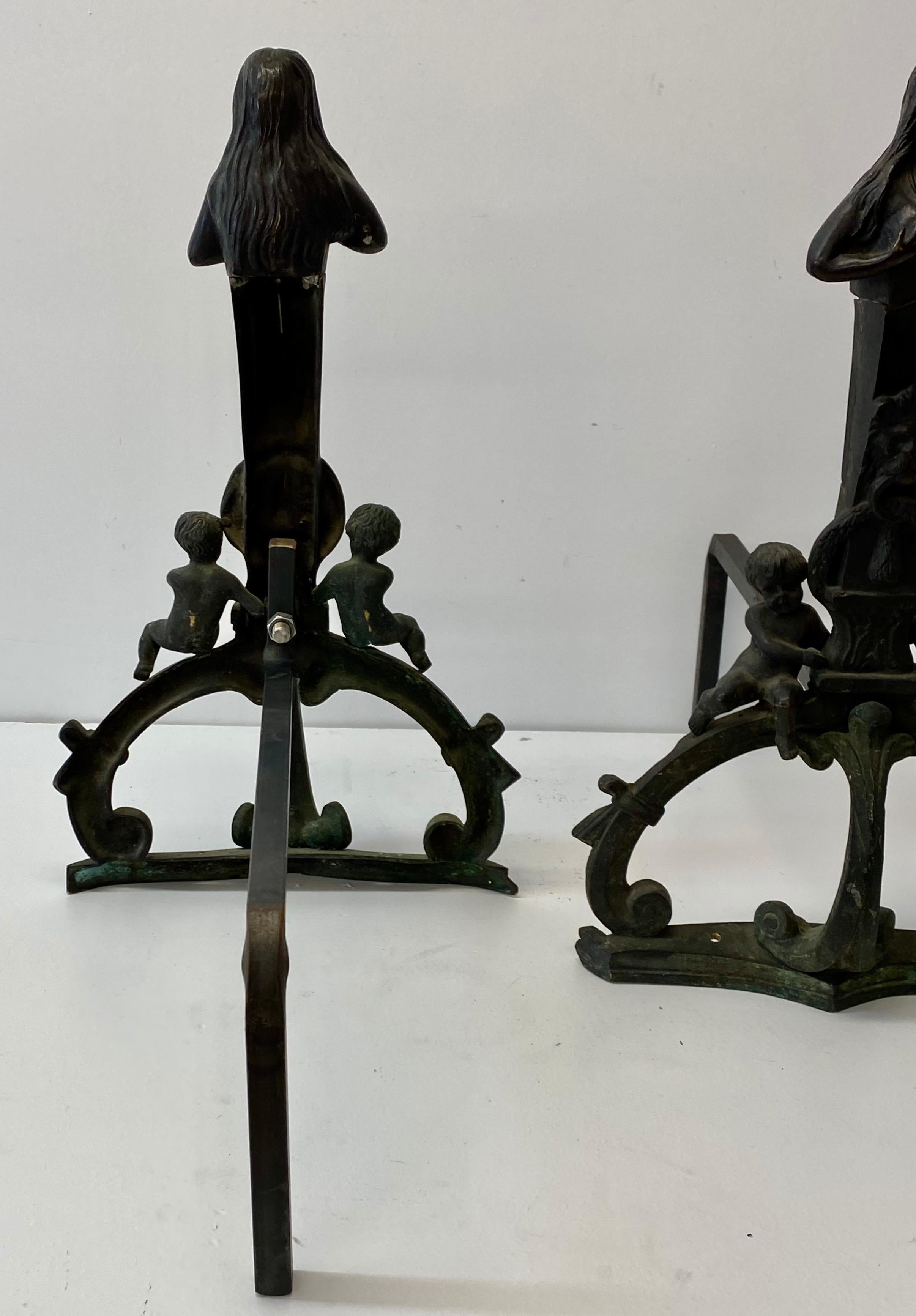 Mid 19th Century Cast Iron Figural Nude, Cherub and Lions Head Andirons For Sale 5