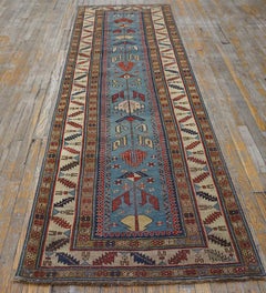 1850s Blue Tribal Geometric Antique Caucasian Shirvan Carpet 3' x 9' Runner Rug