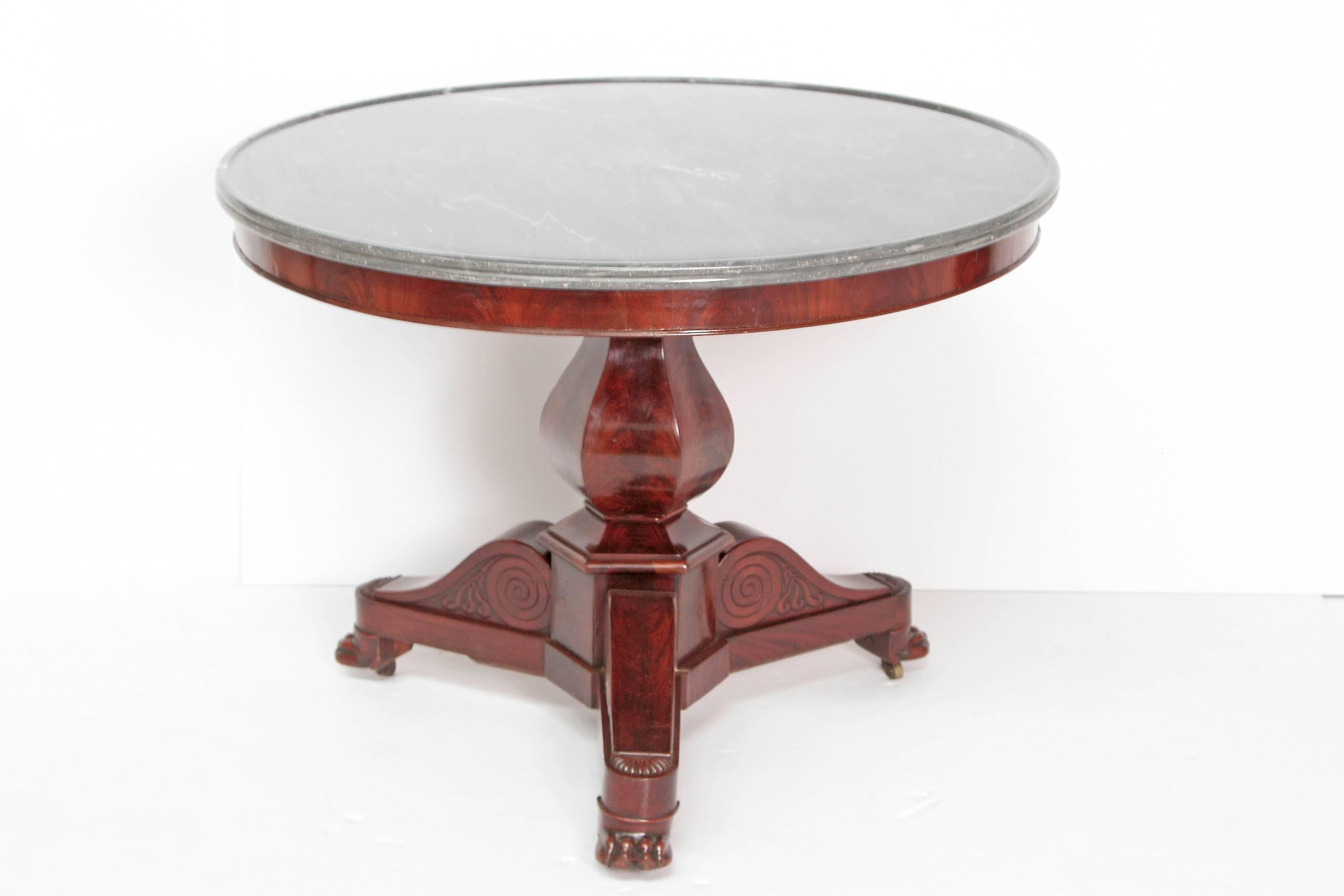 Carved Mid-19th Century Charles X Walnut Center Table with Grey Marble Top