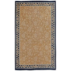 Authentic Mid-19th Century Chinese Beige and Dark Blue Handwoven Wool Rug