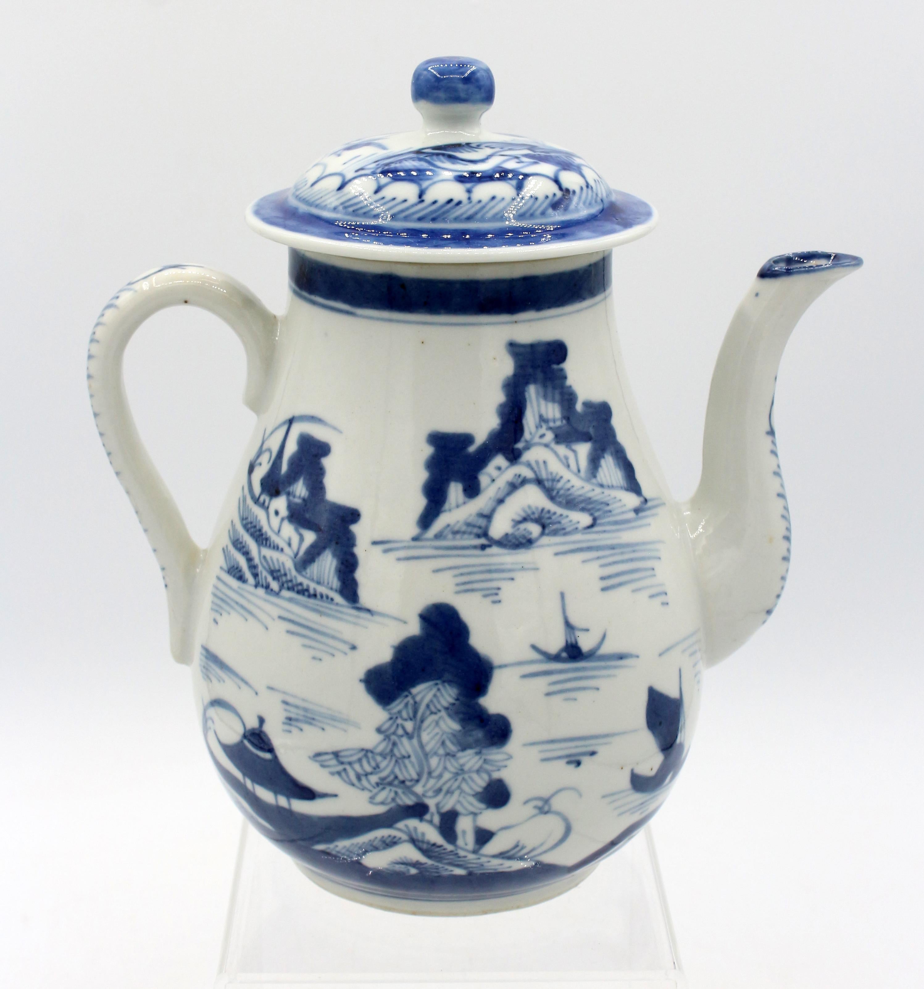 Mid-19th century Blue Canton covered coffee pot, Chinese. Charmingly decorated with lake & tea house scenes.
7.25