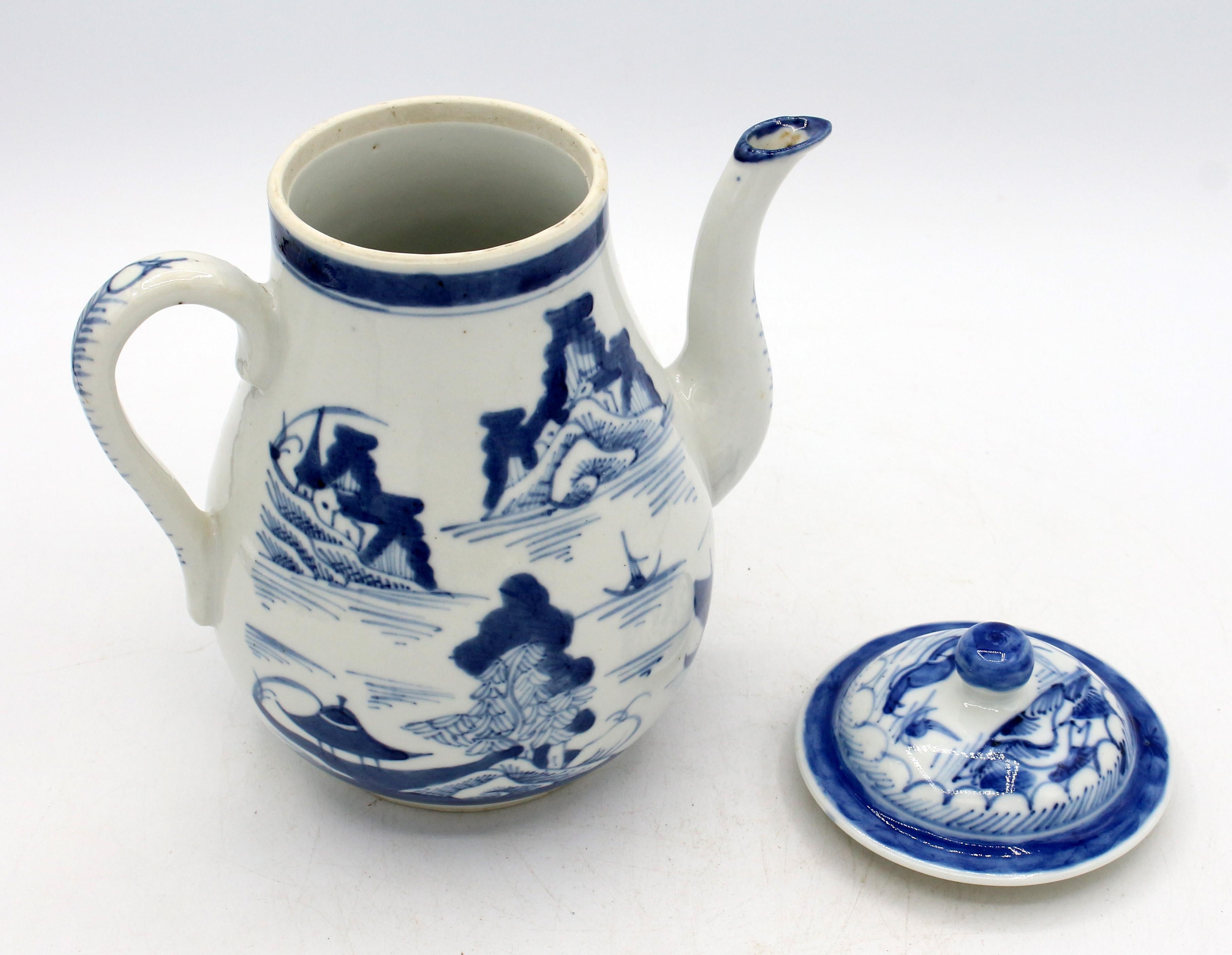 Chinese Export Mid-19th Century Chinese Blue Canton Covered Coffee Pot For Sale