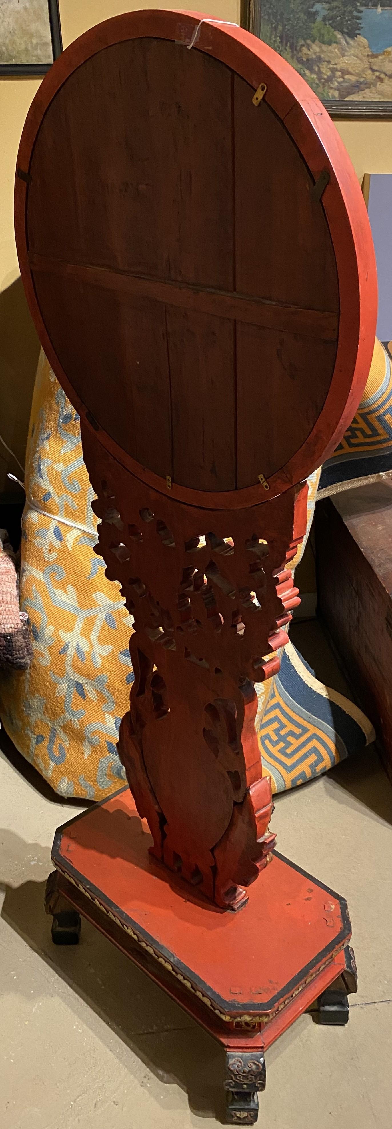 Mid 19th Century Chinese Carved Red Gilt Lacquered Round Floor Mirror on Stand 5