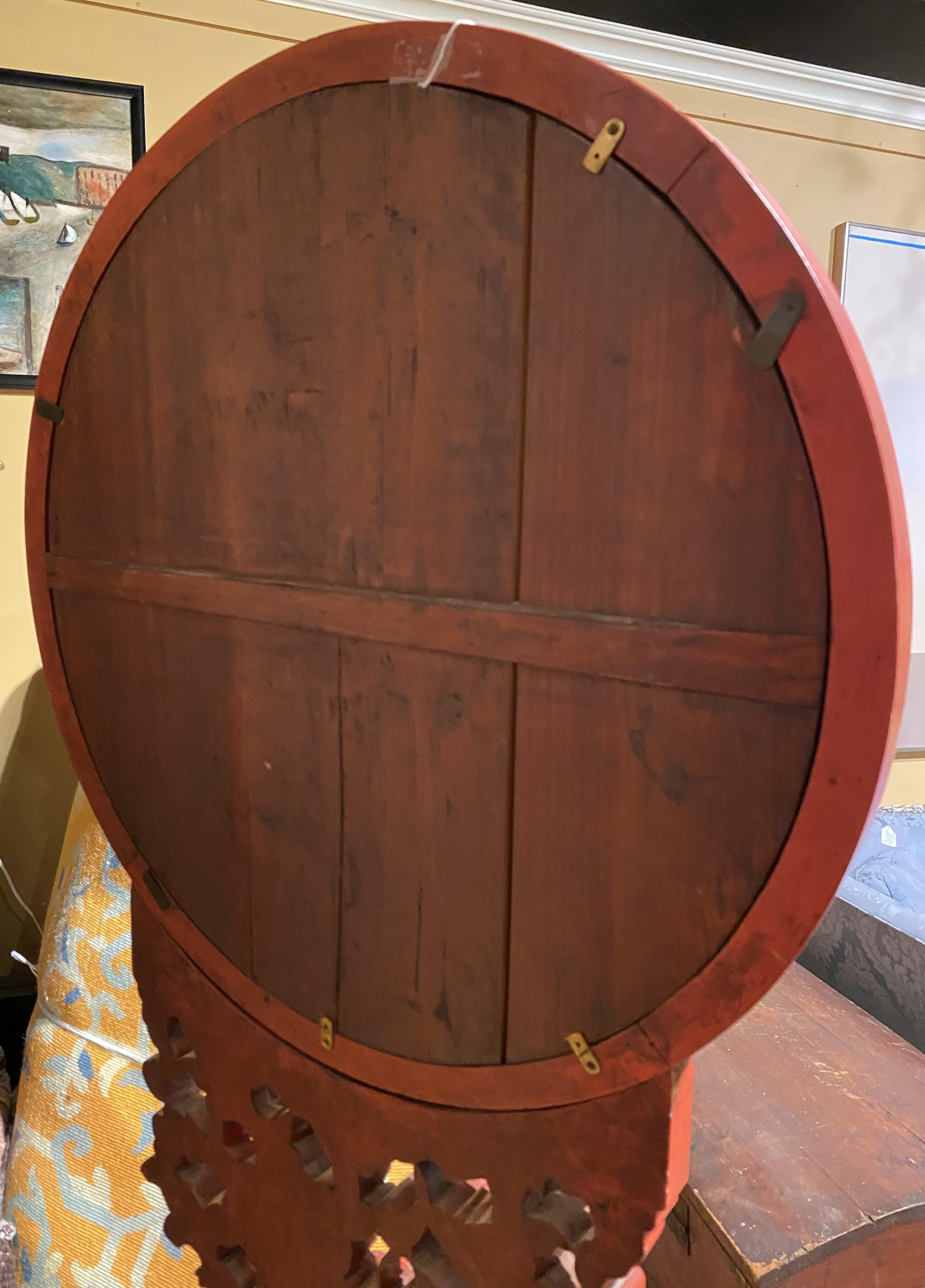 Mid 19th Century Chinese Carved Red Gilt Lacquered Round Floor Mirror on Stand 6