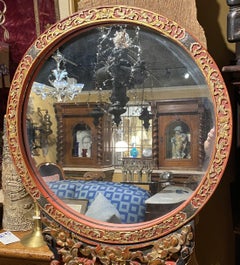 Mid 19th Century Chinese Carved Red Gilt Lacquered Round Floor Mirror on Stand