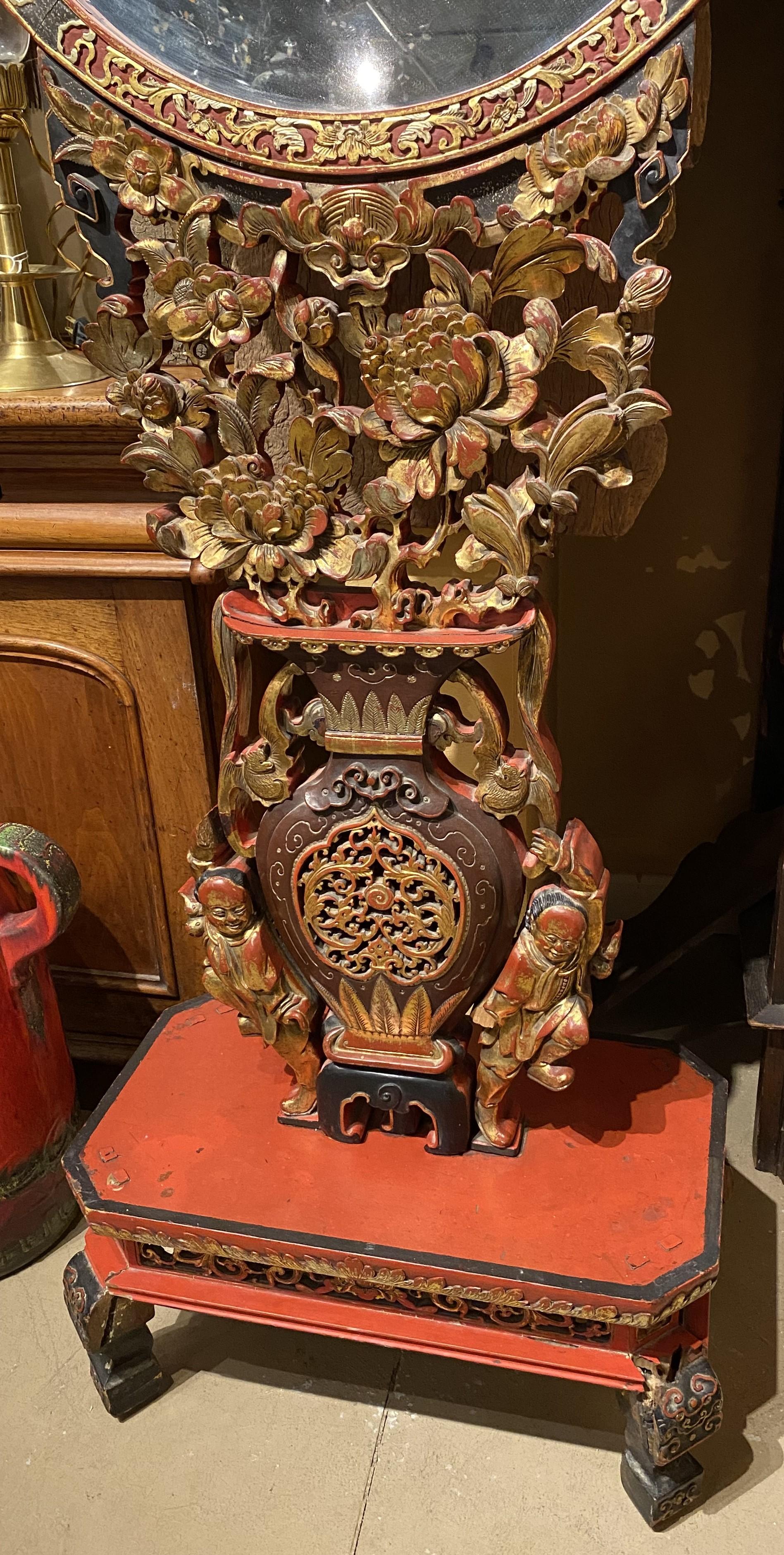 Hand-Carved Mid 19th Century Chinese Carved Red Gilt Lacquered Round Floor Mirror on Stand