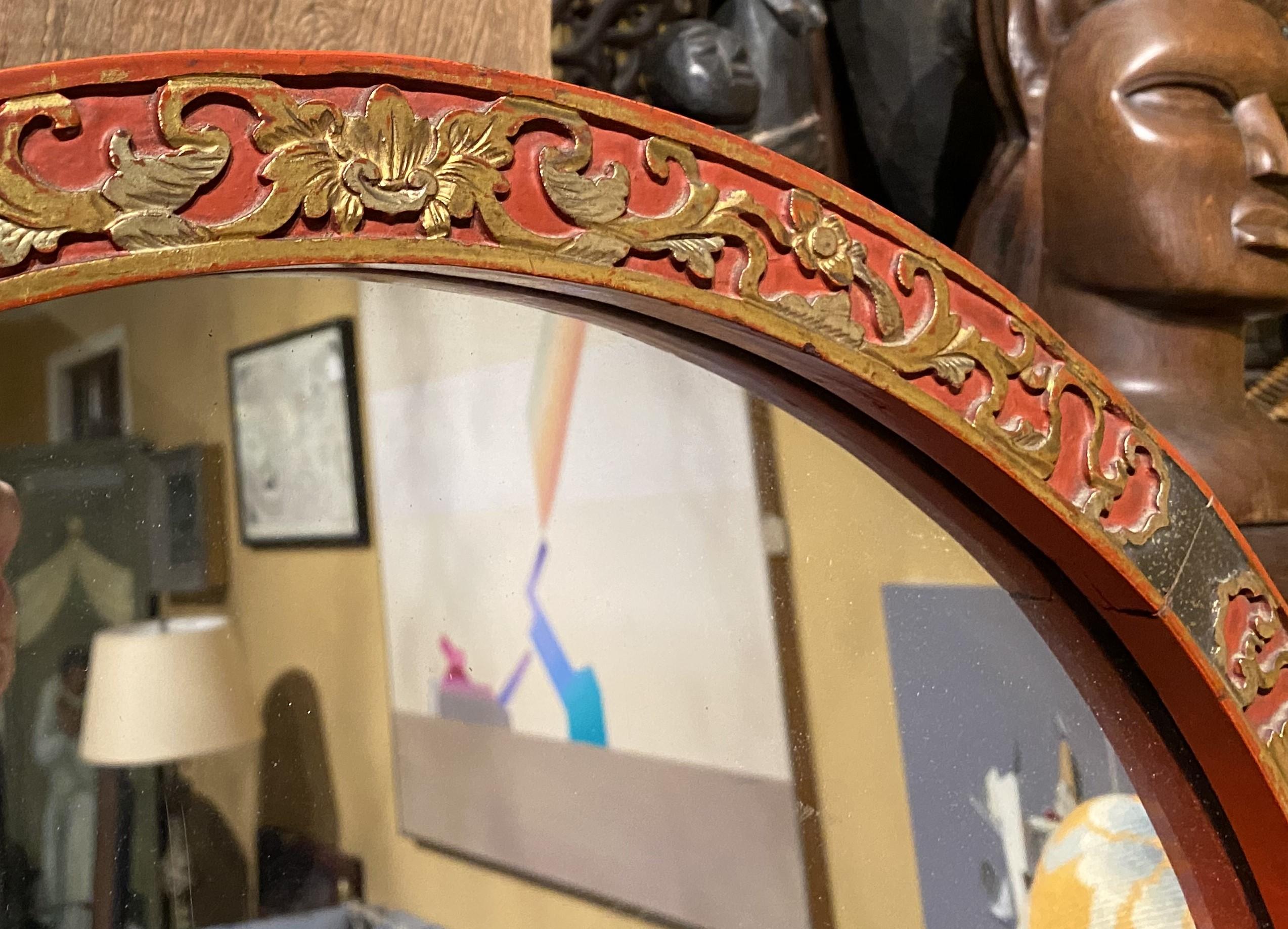 Mid 19th Century Chinese Carved Red Gilt Lacquered Round Floor Mirror on Stand In Good Condition In Milford, NH
