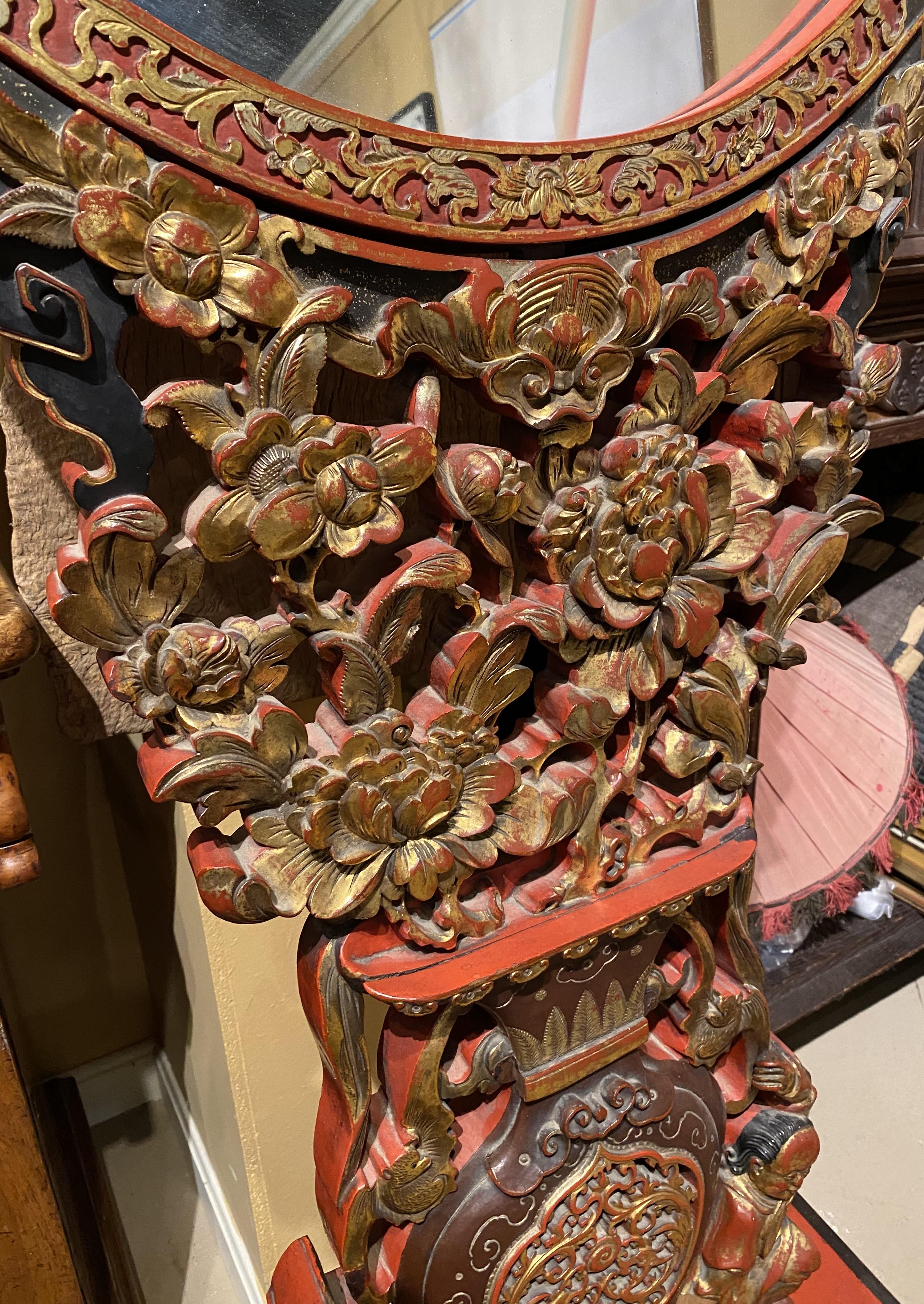 Hardwood Mid 19th Century Chinese Carved Red Gilt Lacquered Round Floor Mirror on Stand