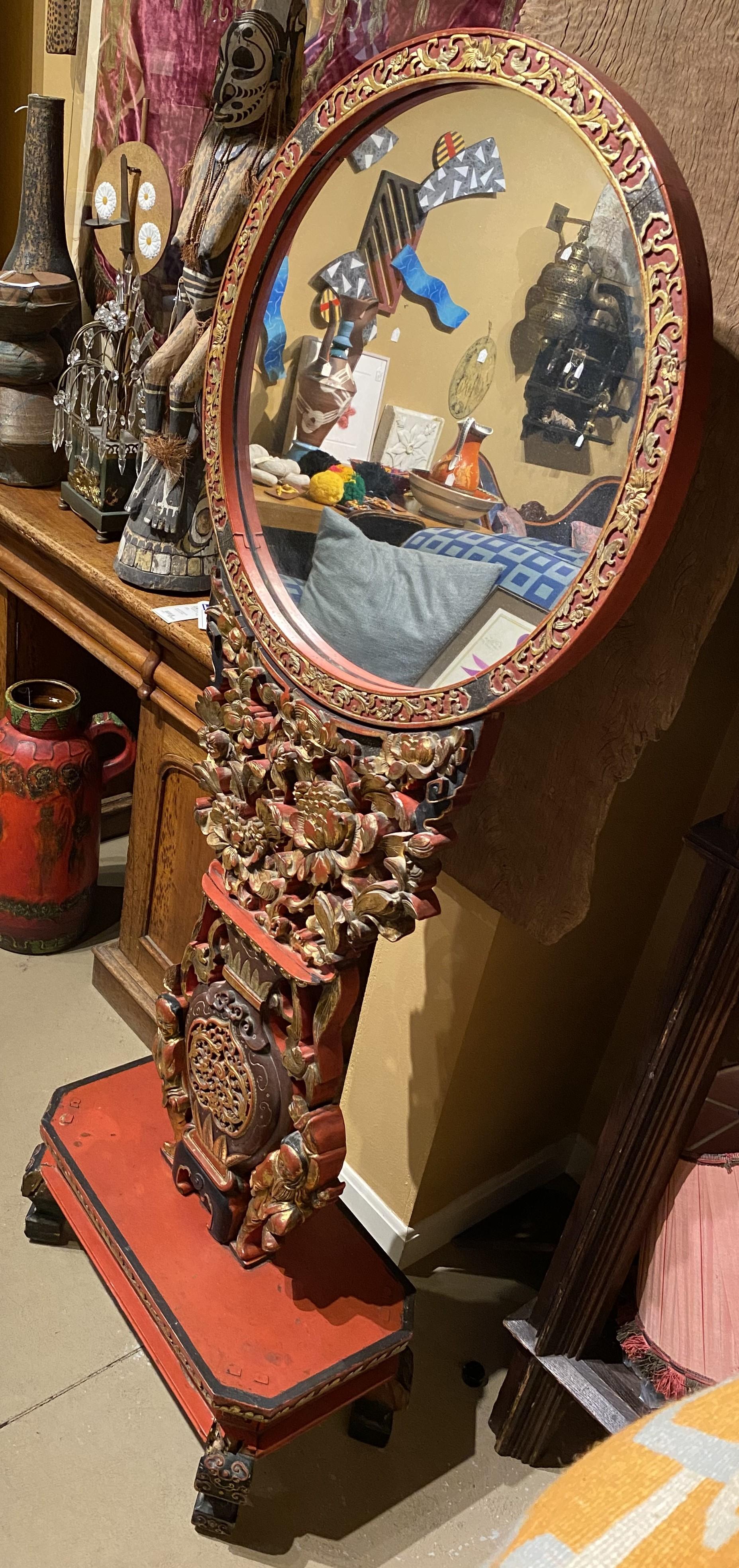 Mid 19th Century Chinese Carved Red Gilt Lacquered Round Floor Mirror on Stand 4