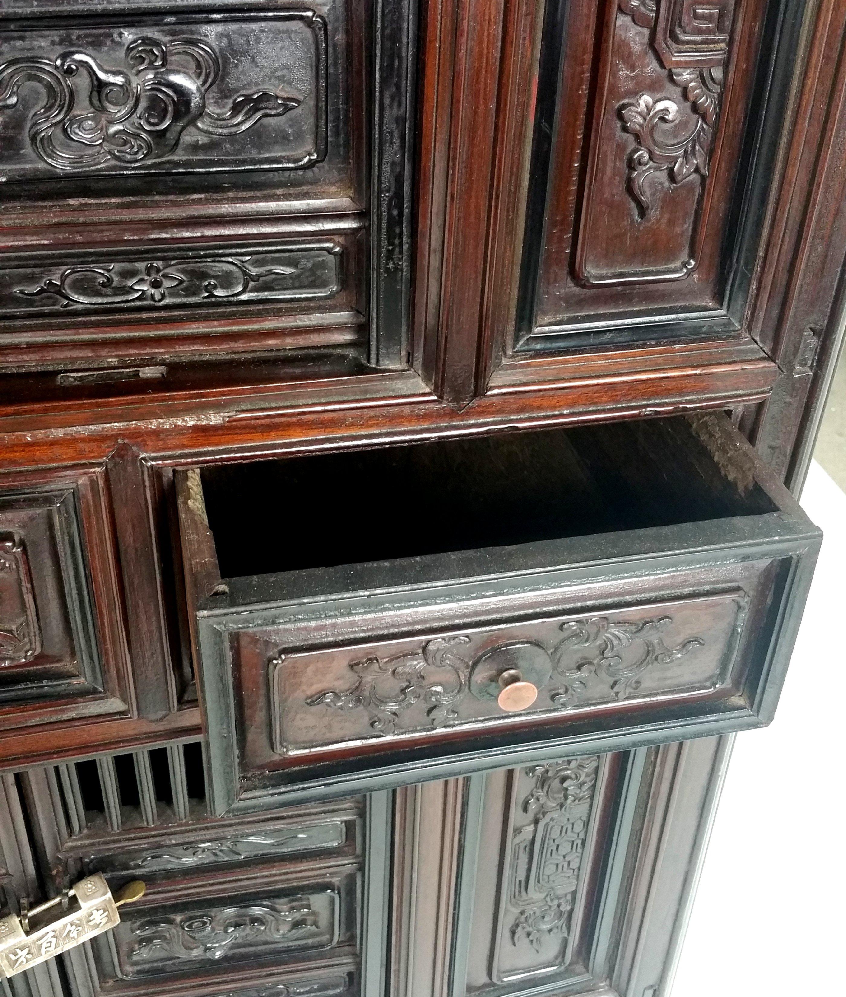 Silver Mid-19th Century Chinese Carved Side Cabinet For Sale