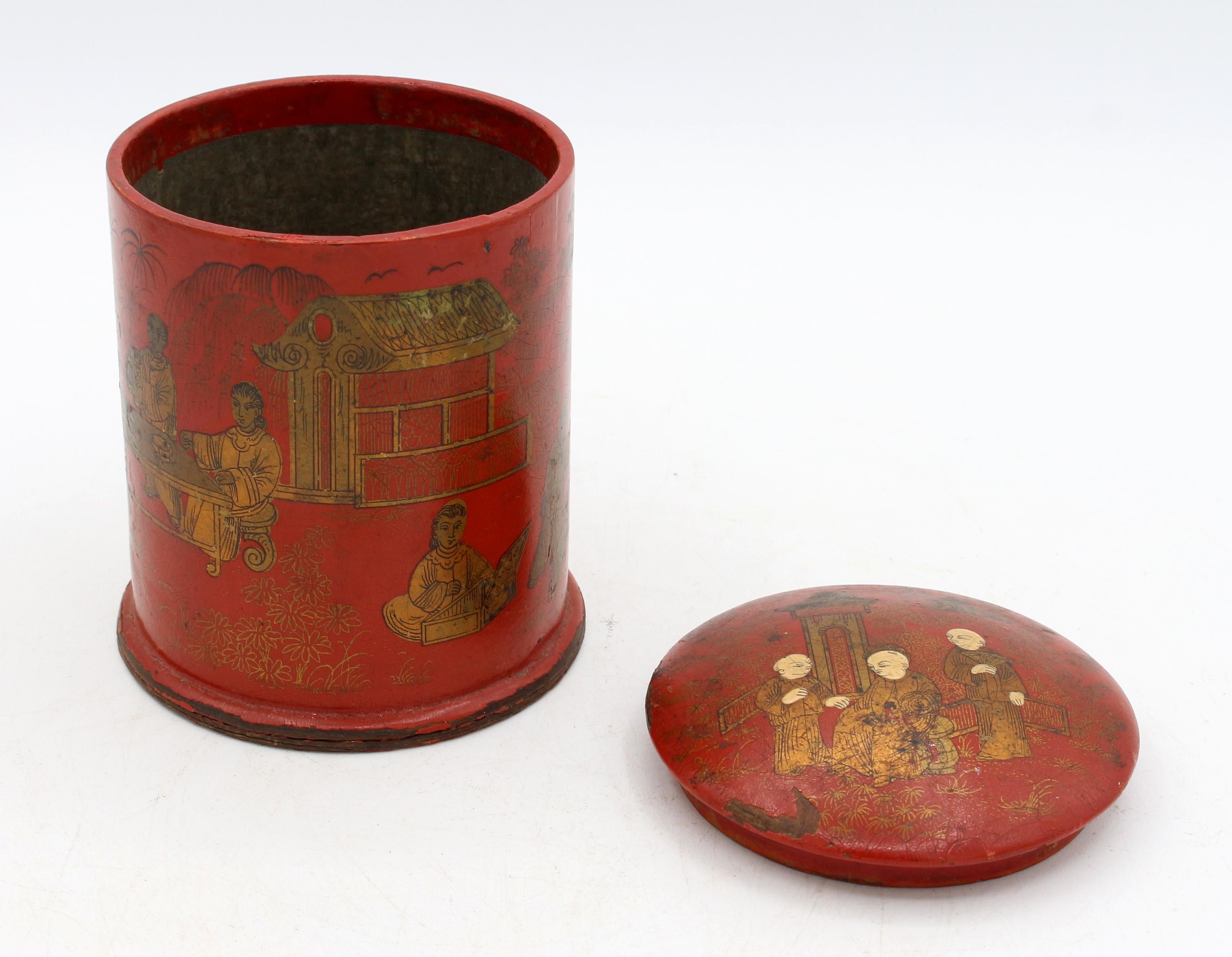 Mid-19th century Chinese Export papier mache round tea canister box. Qing dynasty. Scarlet ground with a surround of exquisitely hand gilded & painted tea scenes. Some scuffs & inner rim chip on lid; fading, wear & craquelure commensurate with age,