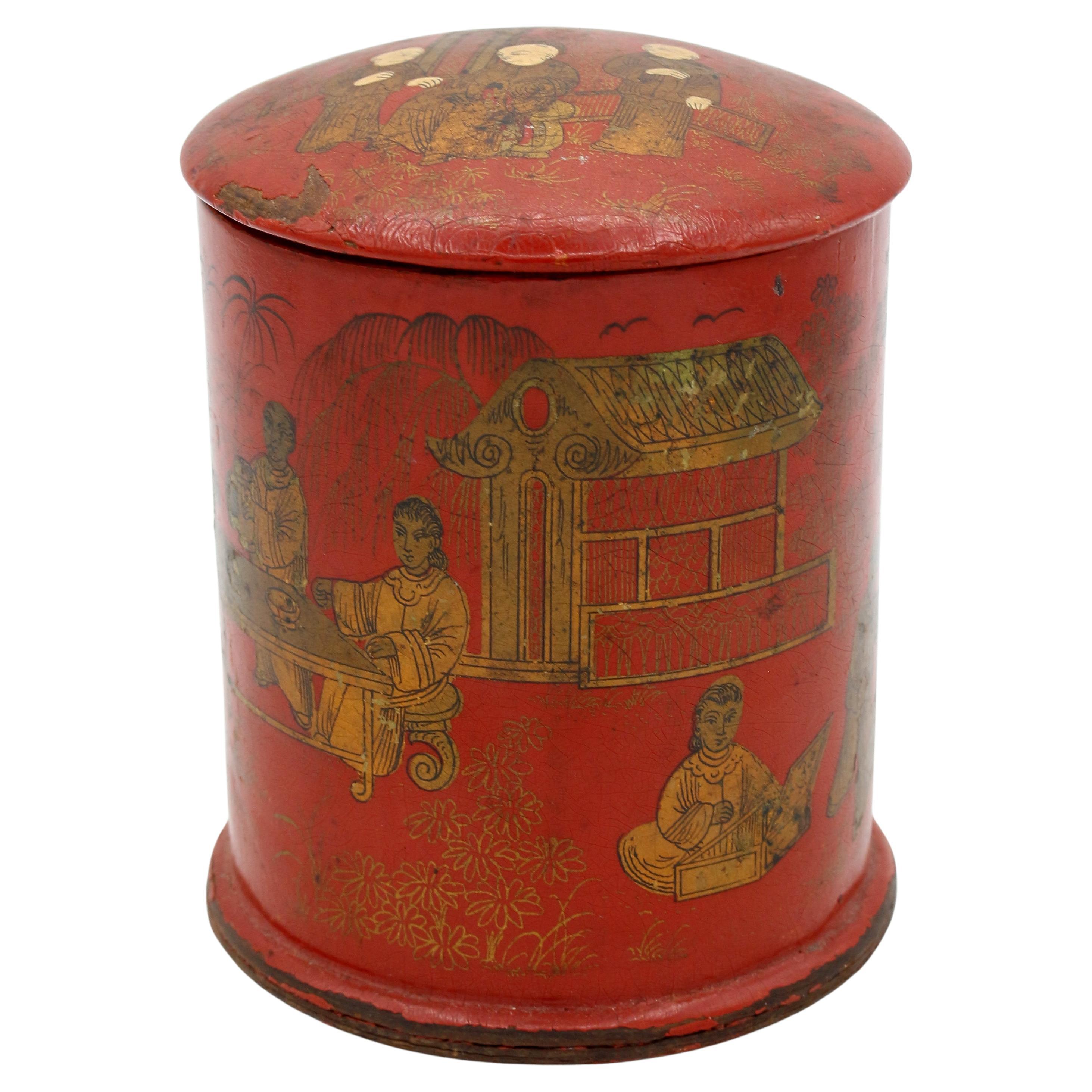 Mid-19th Century Chinese Export Papier Mache Round Tea Canister Box For Sale