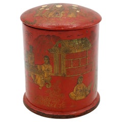 Antique Mid-19th Century Chinese Export Papier Mache Round Tea Canister Box