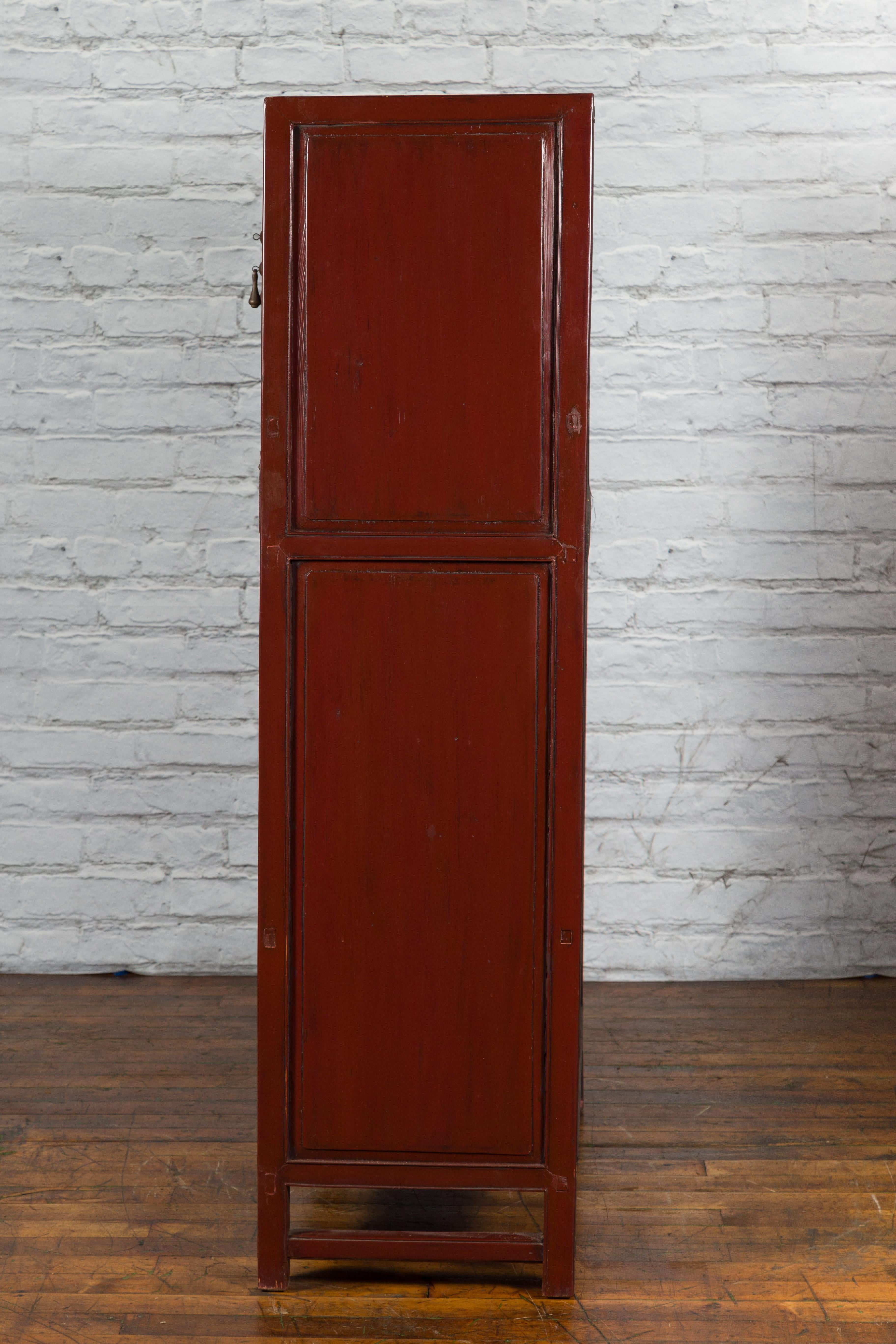 Mid-19th Century Chinese Qing Red Lacquer Cabinet with Multiple Carved Doors For Sale 6