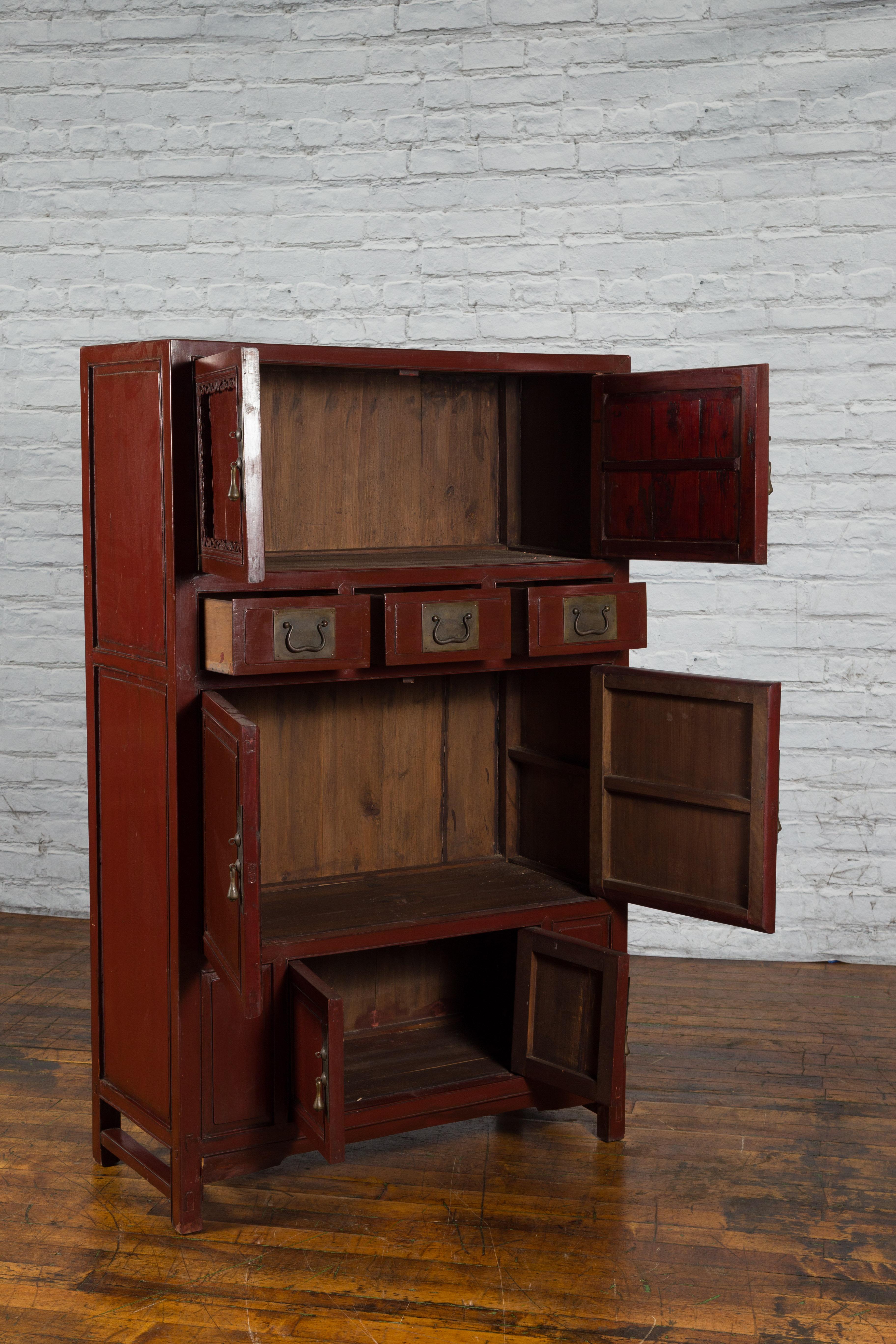 Mid-19th Century Chinese Qing Red Lacquer Cabinet with Multiple Carved Doors For Sale 3